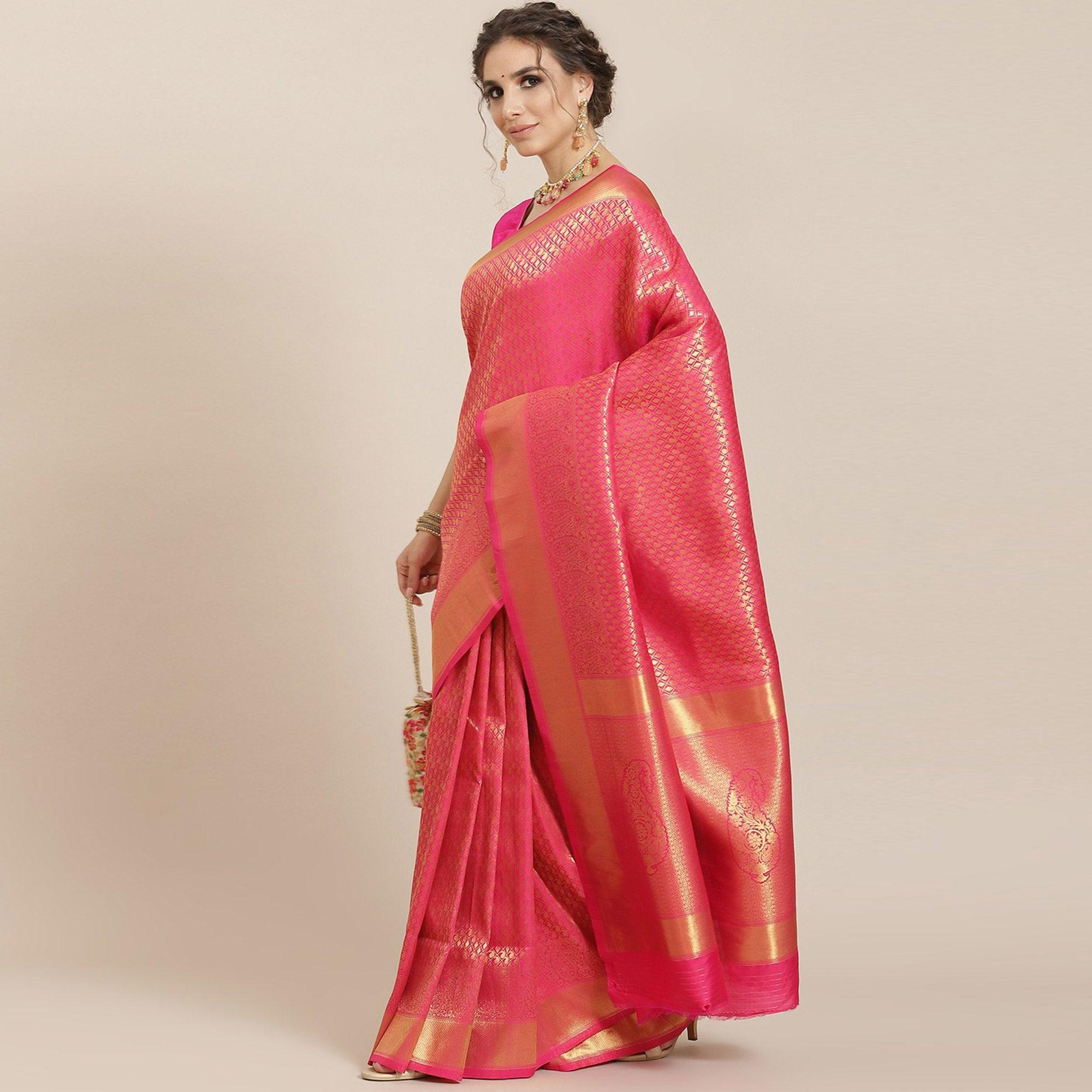 Women's Pink Festive Wear Woven Kanjivaram Silk Saree With Unstitched Blouse - Peachmode