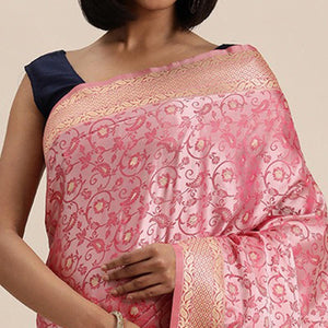 Women's Pink Festive Wear Woven Kanjivaram Silk Saree With Unstitched Blouse - Peachmode