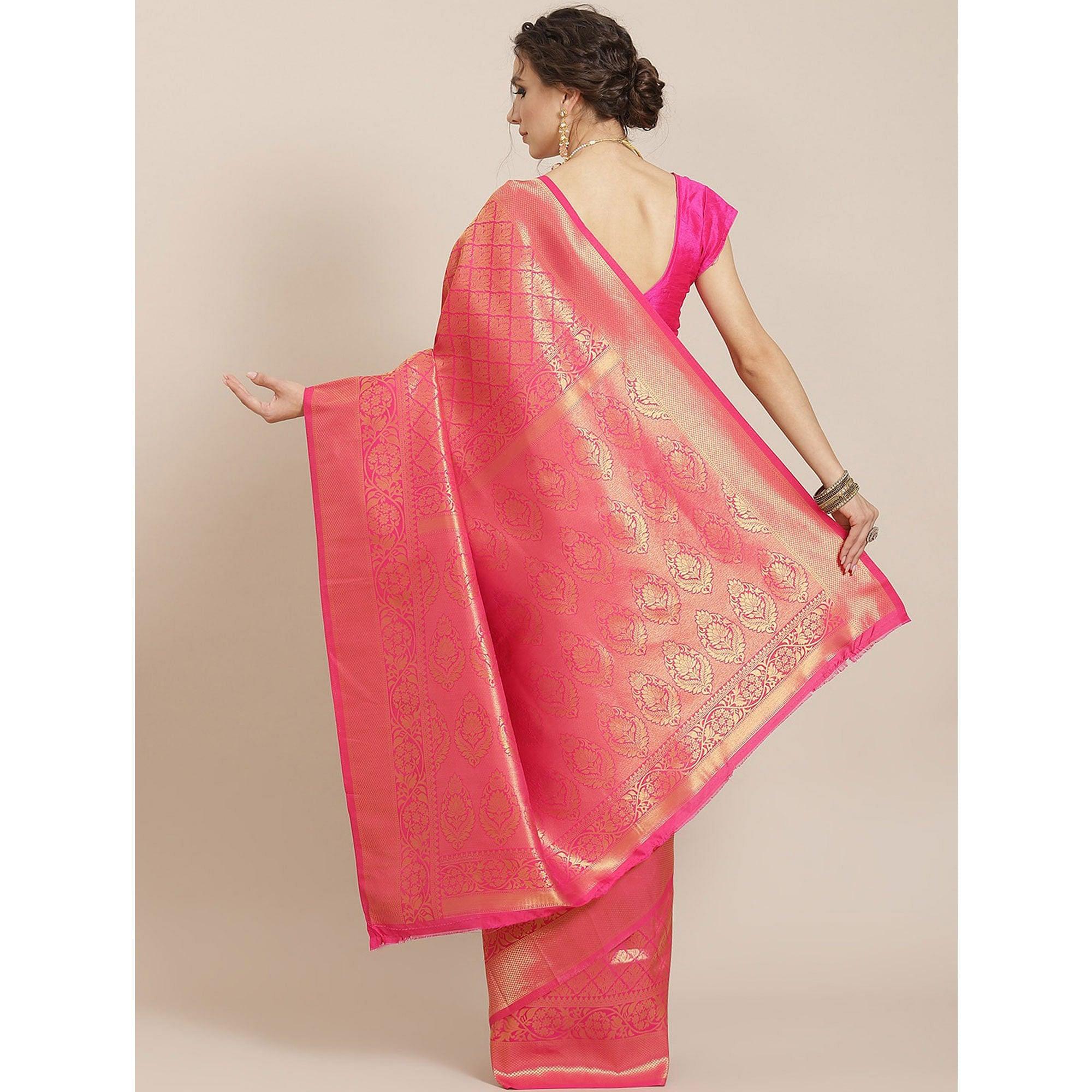 Women's Pink Festive Wear Woven Kanjivaram Silk Saree With Unstitched Blouse - Peachmode
