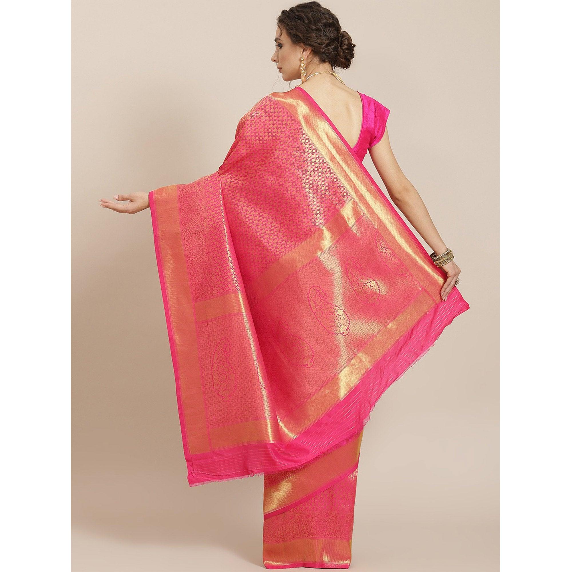 Women's Pink Festive Wear Woven Kanjivaram Silk Saree With Unstitched Blouse - Peachmode