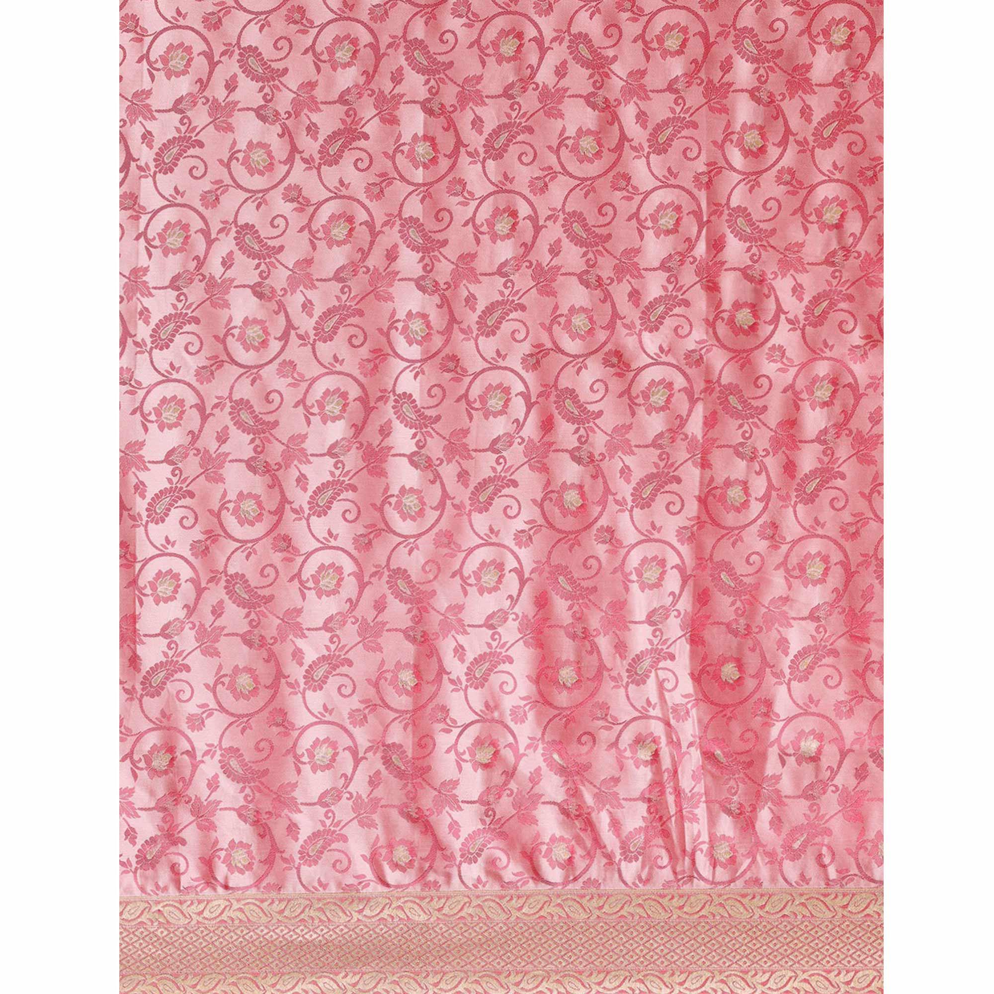 Women's Pink Festive Wear Woven Kanjivaram Silk Saree With Unstitched Blouse - Peachmode