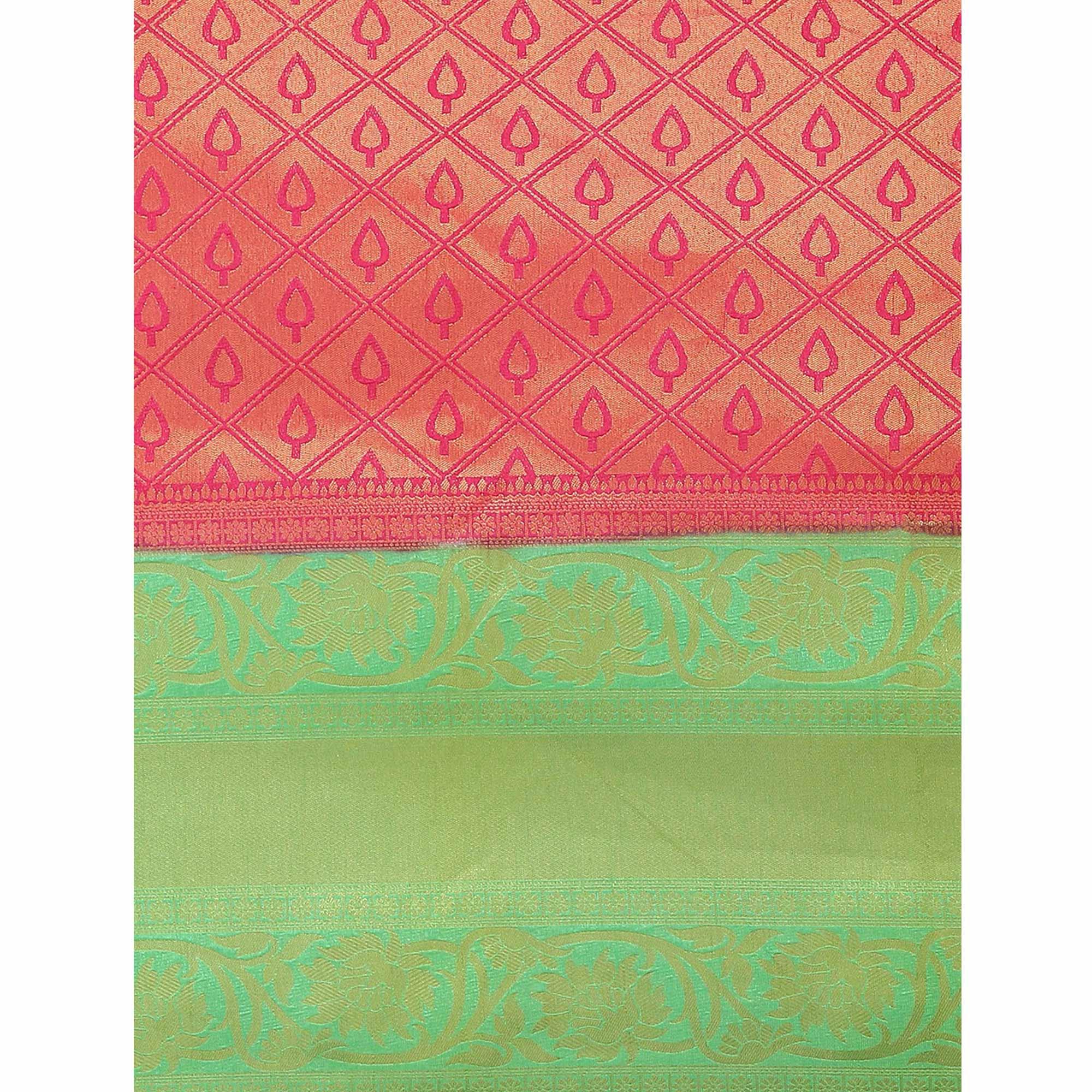 Women's Pink Festive Wear Woven Kanjivaram Silk Saree With Unstitched Blouse - Peachmode