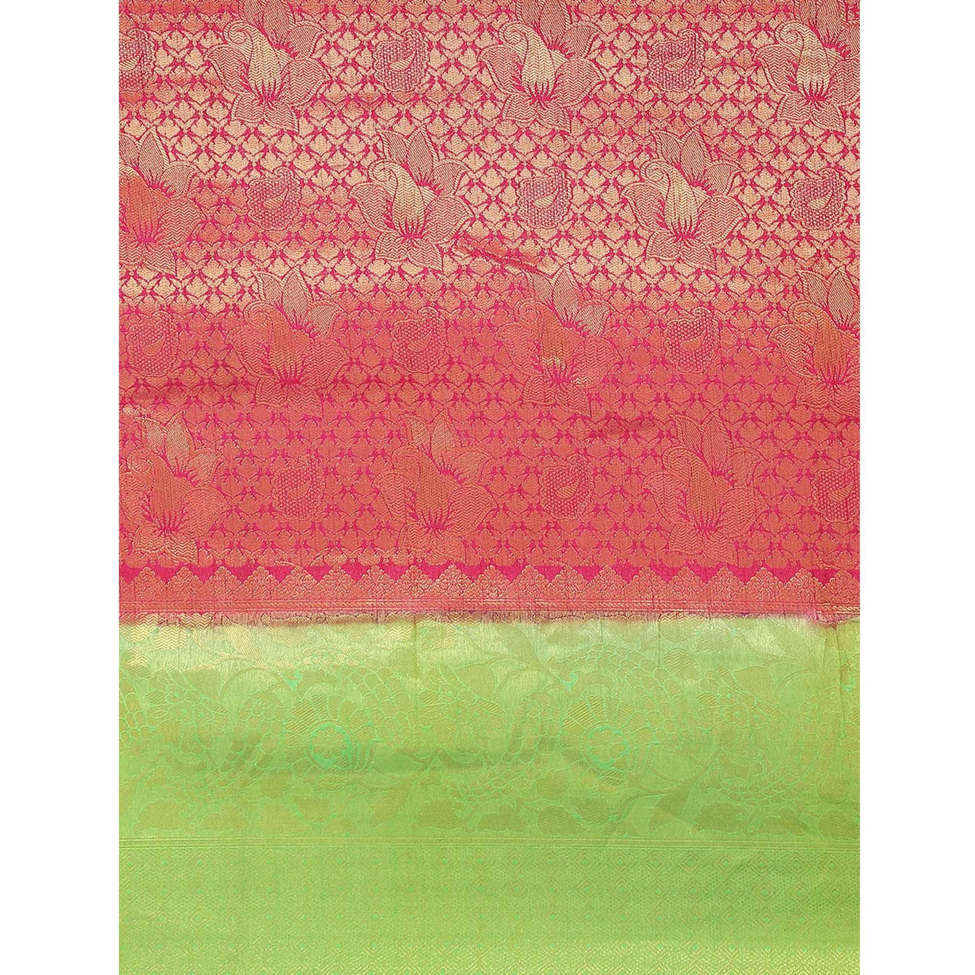 Women's Pink Festive Wear Woven Kanjivaram Silk Saree With Unstitched Blouse - Peachmode