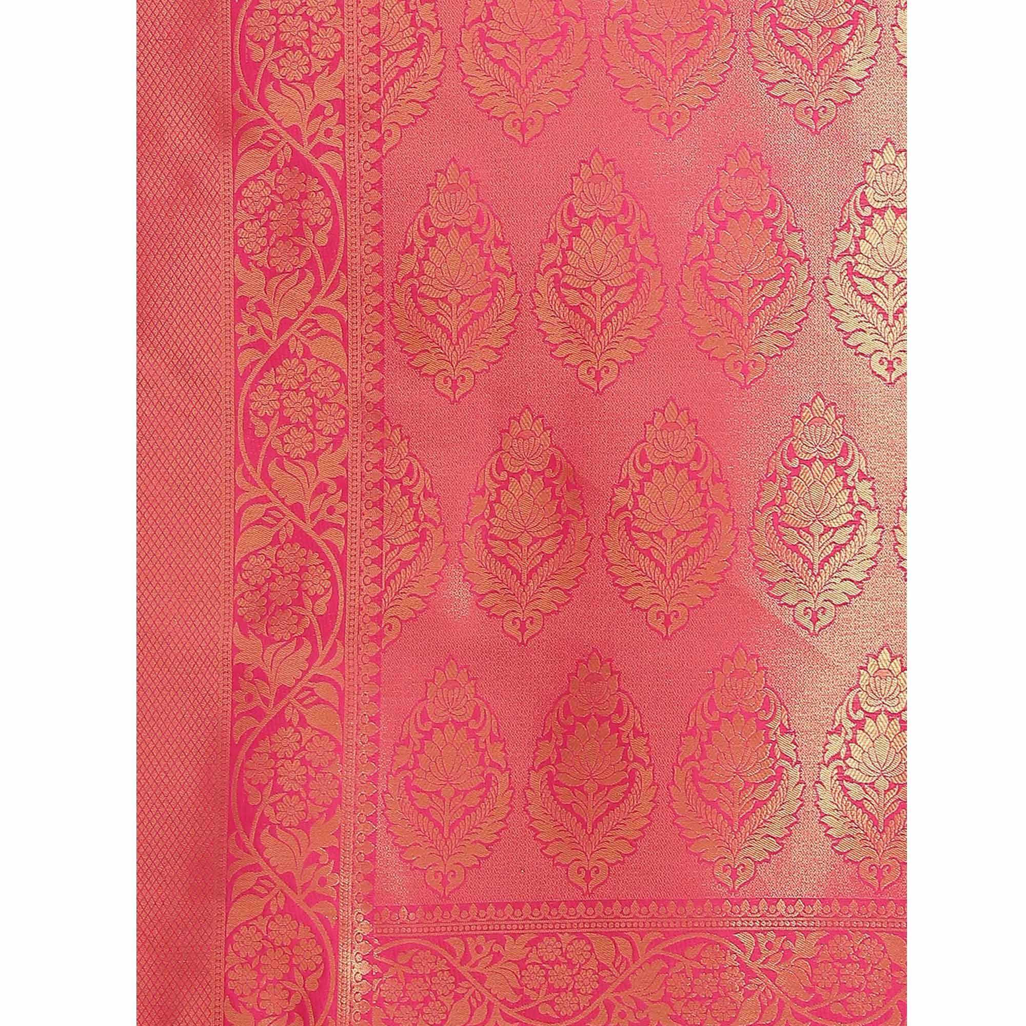 Women's Pink Festive Wear Woven Kanjivaram Silk Saree With Unstitched Blouse - Peachmode