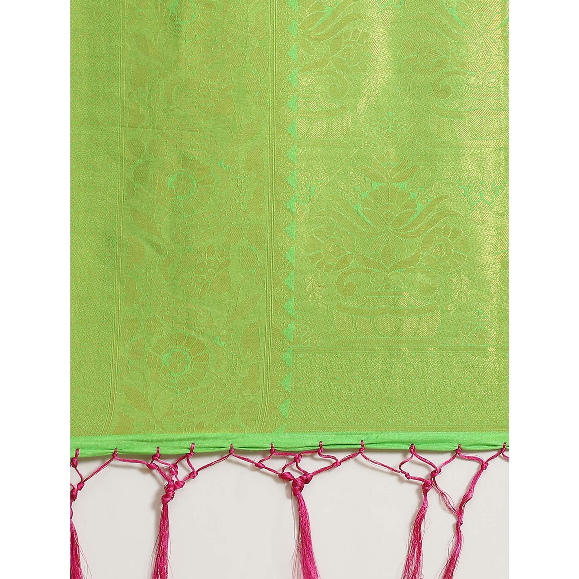 Women's Pink Festive Wear Woven Kanjivaram Silk Saree With Unstitched Blouse - Peachmode