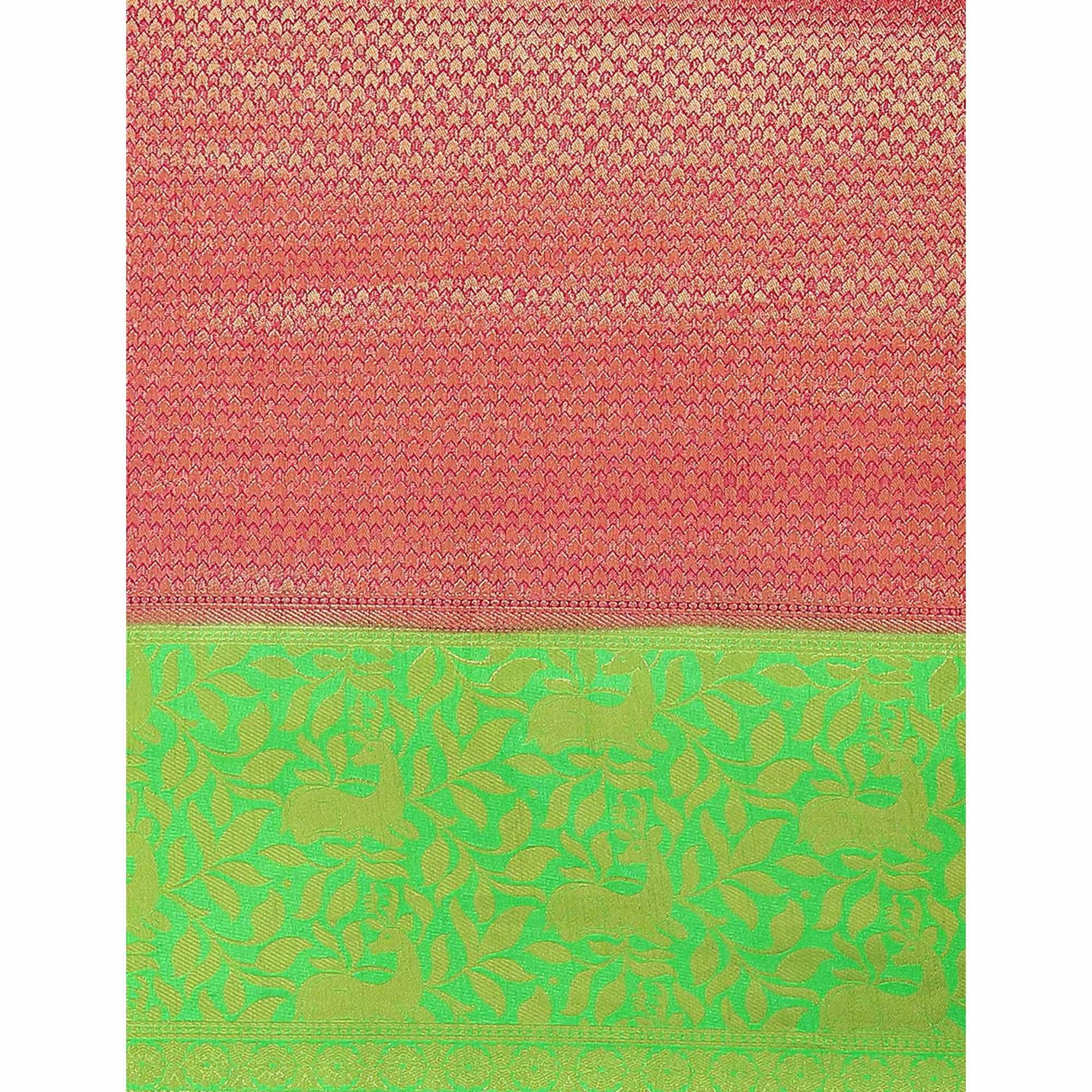 Women's Pink Festive Wear Woven Kanjivaram Silk Saree With Unstitched Blouse - Peachmode