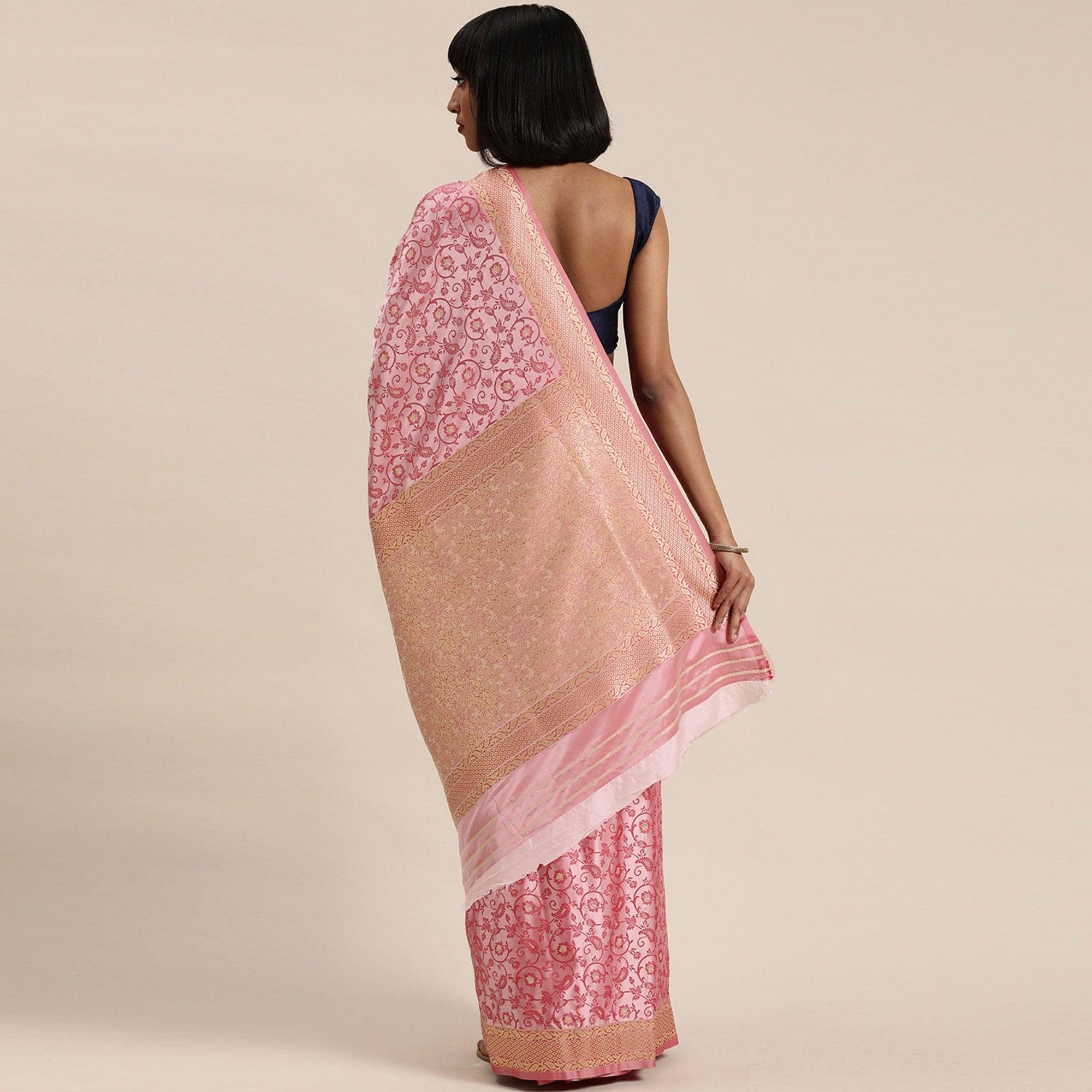 Women's Pink Festive Wear Woven Kanjivaram Silk Saree With Unstitched Blouse - Peachmode
