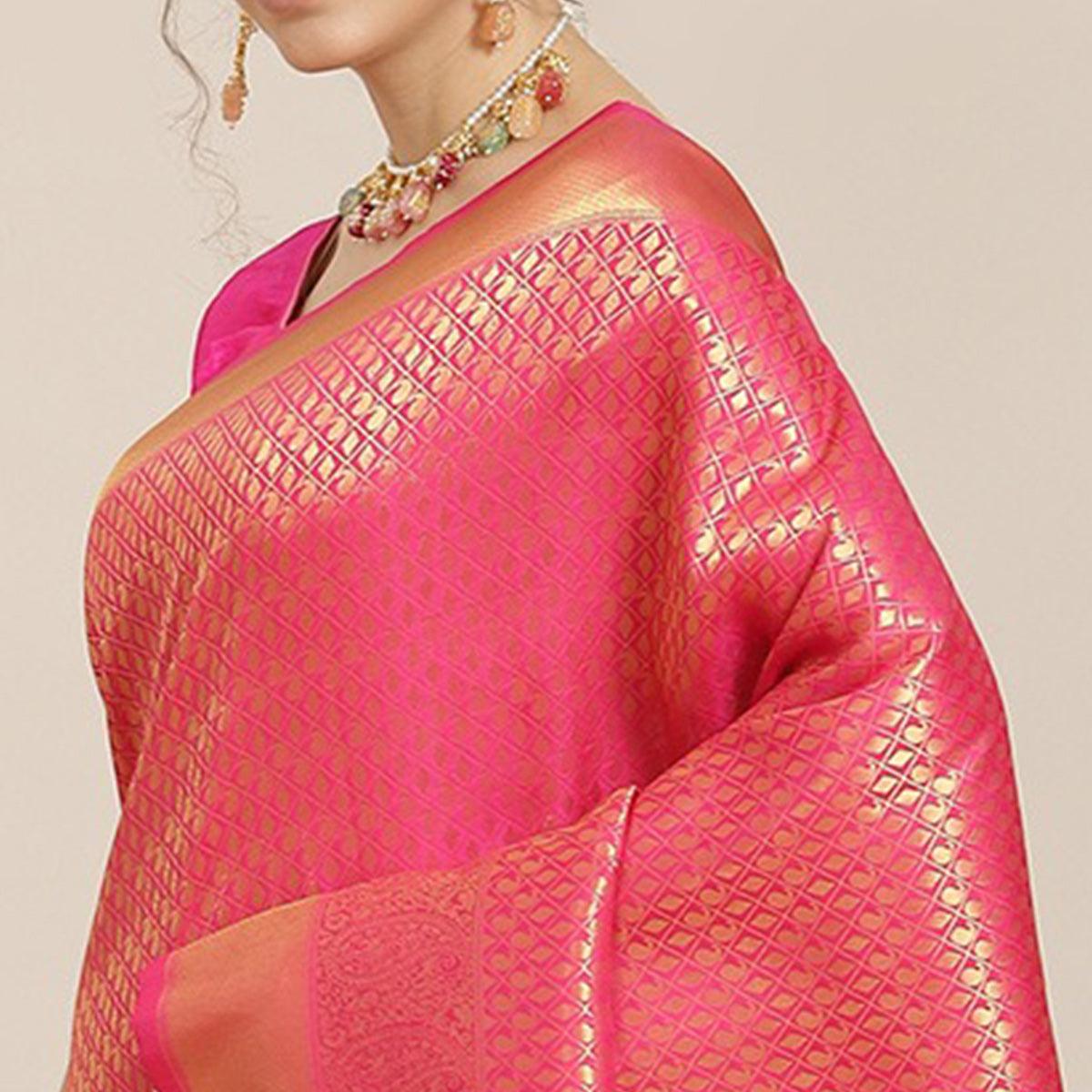 Women's Pink Festive Wear Woven Kanjivaram Silk Saree With Unstitched Blouse - Peachmode