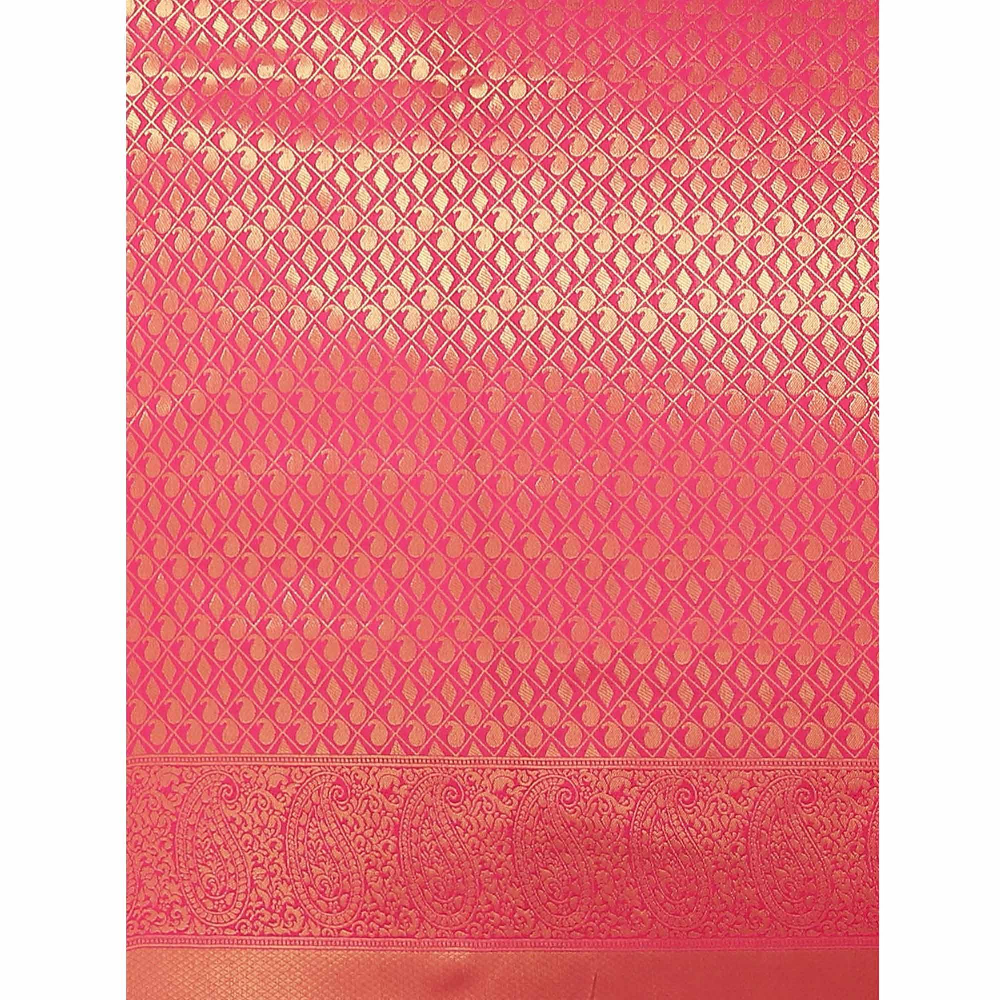 Women's Pink Festive Wear Woven Kanjivaram Silk Saree With Unstitched Blouse - Peachmode