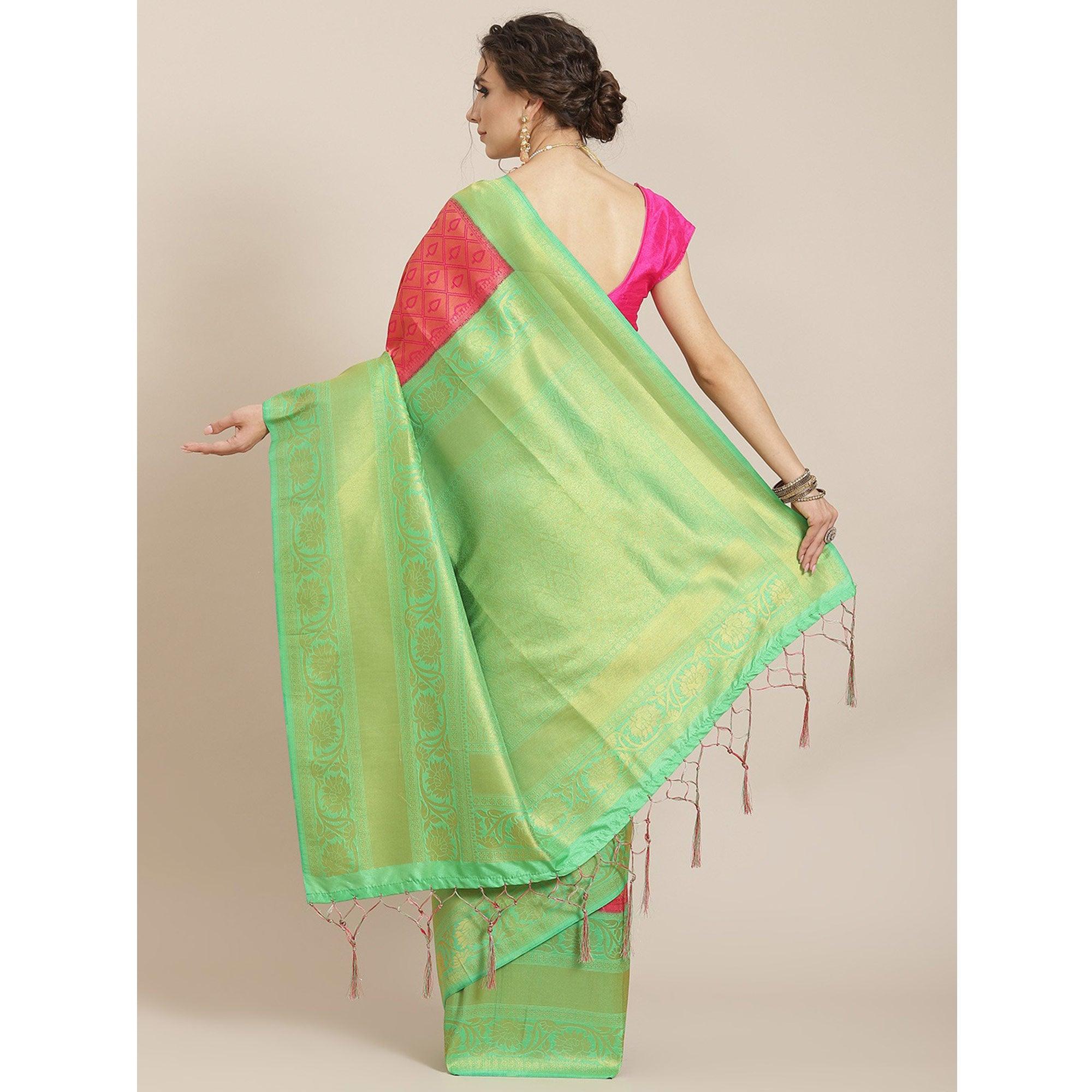 Women's Pink Festive Wear Woven Kanjivaram Silk Saree With Unstitched Blouse - Peachmode