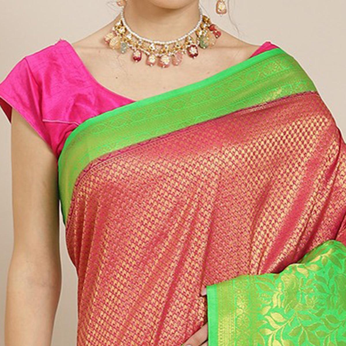 Women's Pink Festive Wear Woven Kanjivaram Silk Saree With Unstitched Blouse - Peachmode