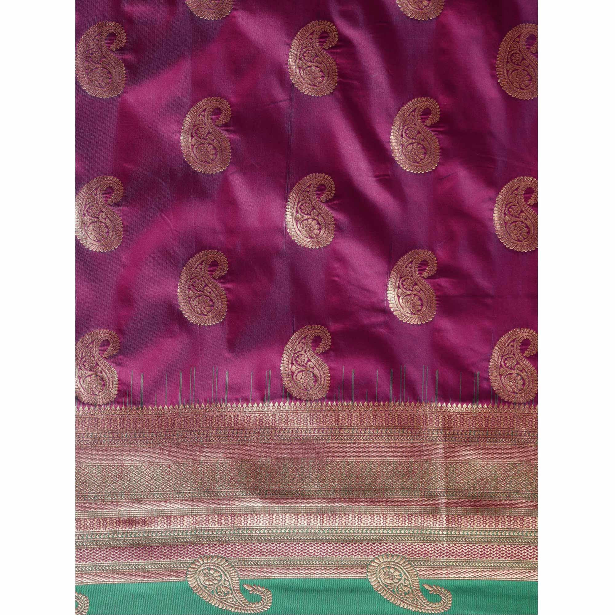 Women's Purple Festive Wear Woven Kanjivaram Silk Saree With Unstitched Blouse - Peachmode