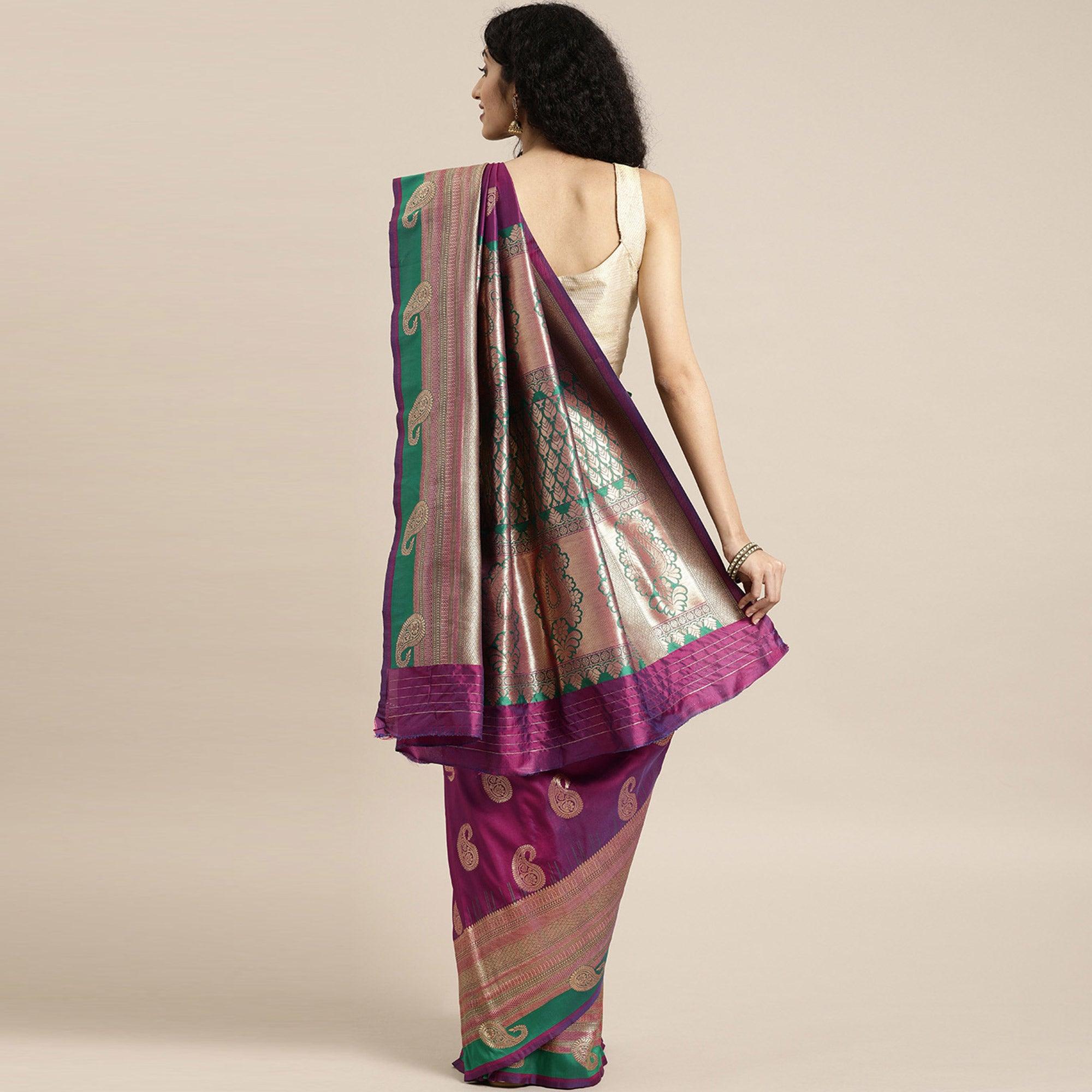 Women's Purple Festive Wear Woven Kanjivaram Silk Saree With Unstitched Blouse - Peachmode