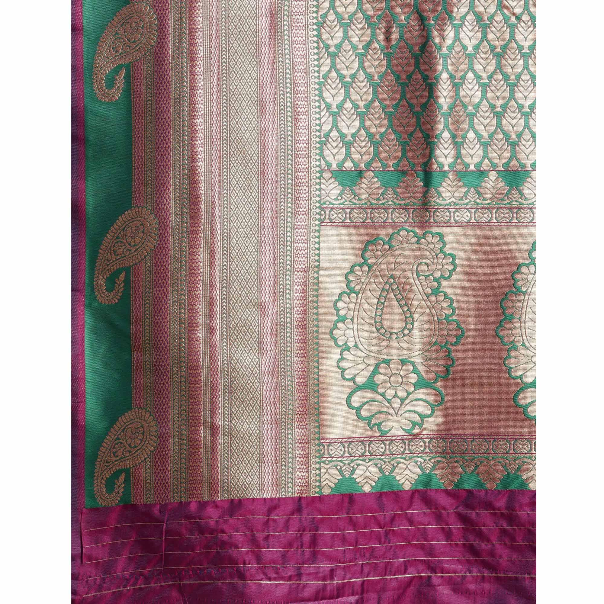 Women's Purple Festive Wear Woven Kanjivaram Silk Saree With Unstitched Blouse - Peachmode