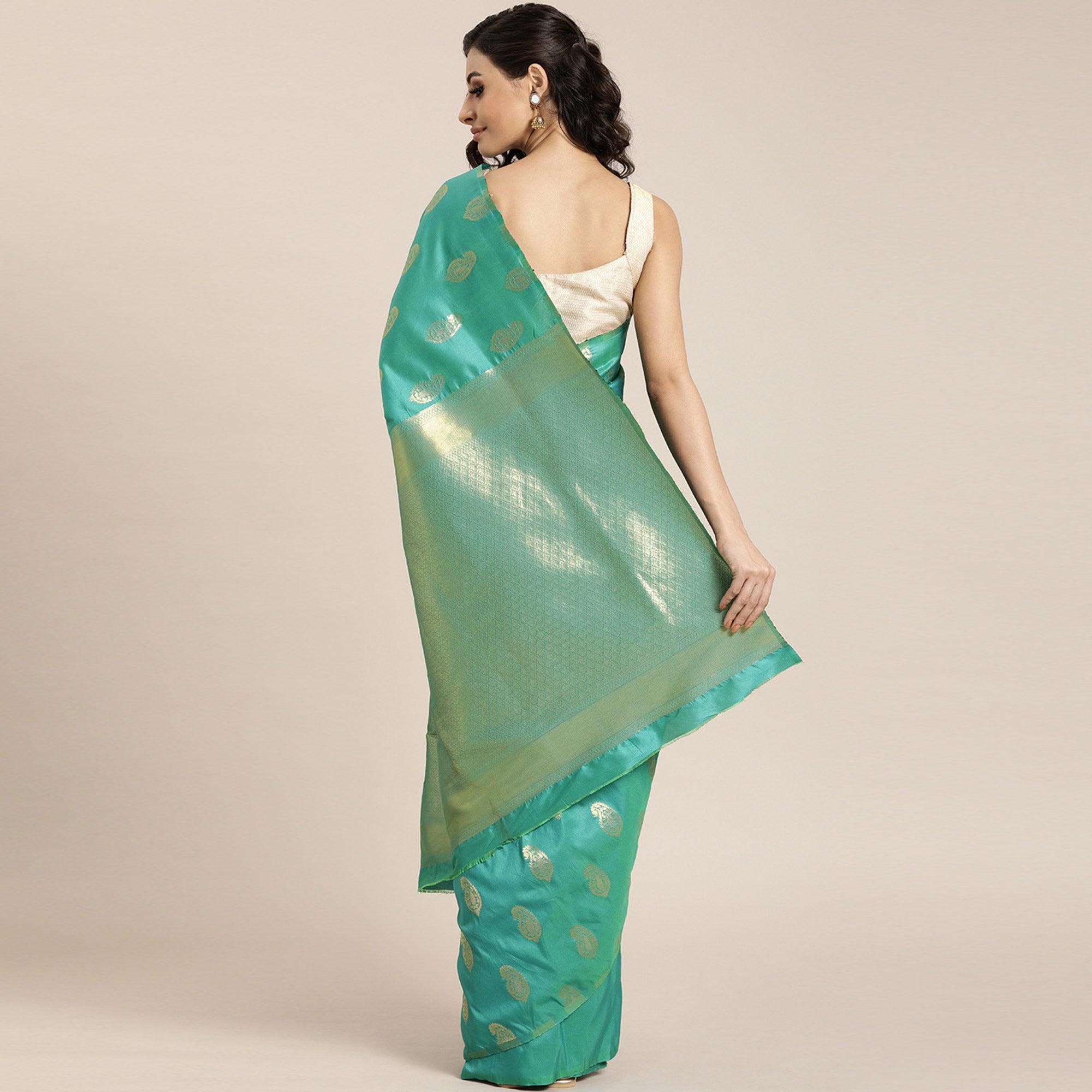 Women's Rama Festive Wear Woven Kanjivaram Silk Saree With Unstitched Blouse - Peachmode