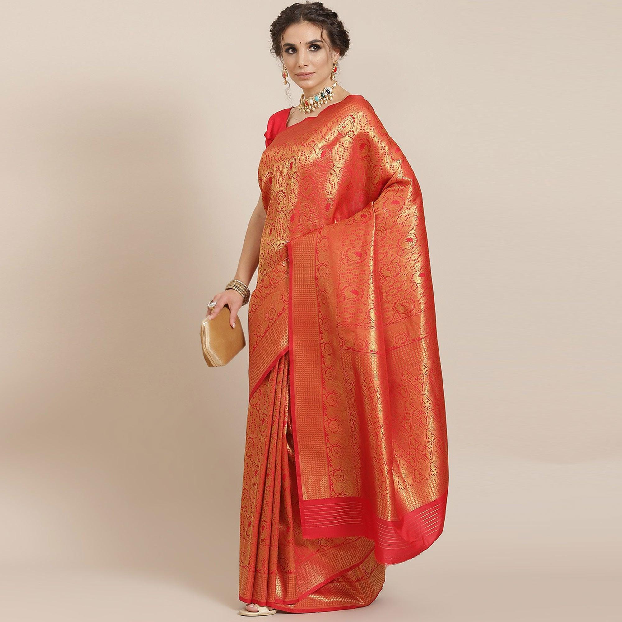 Women's Red Festive Wear Woven Kanjivaram Silk Saree With Unstitched Blouse - Peachmode