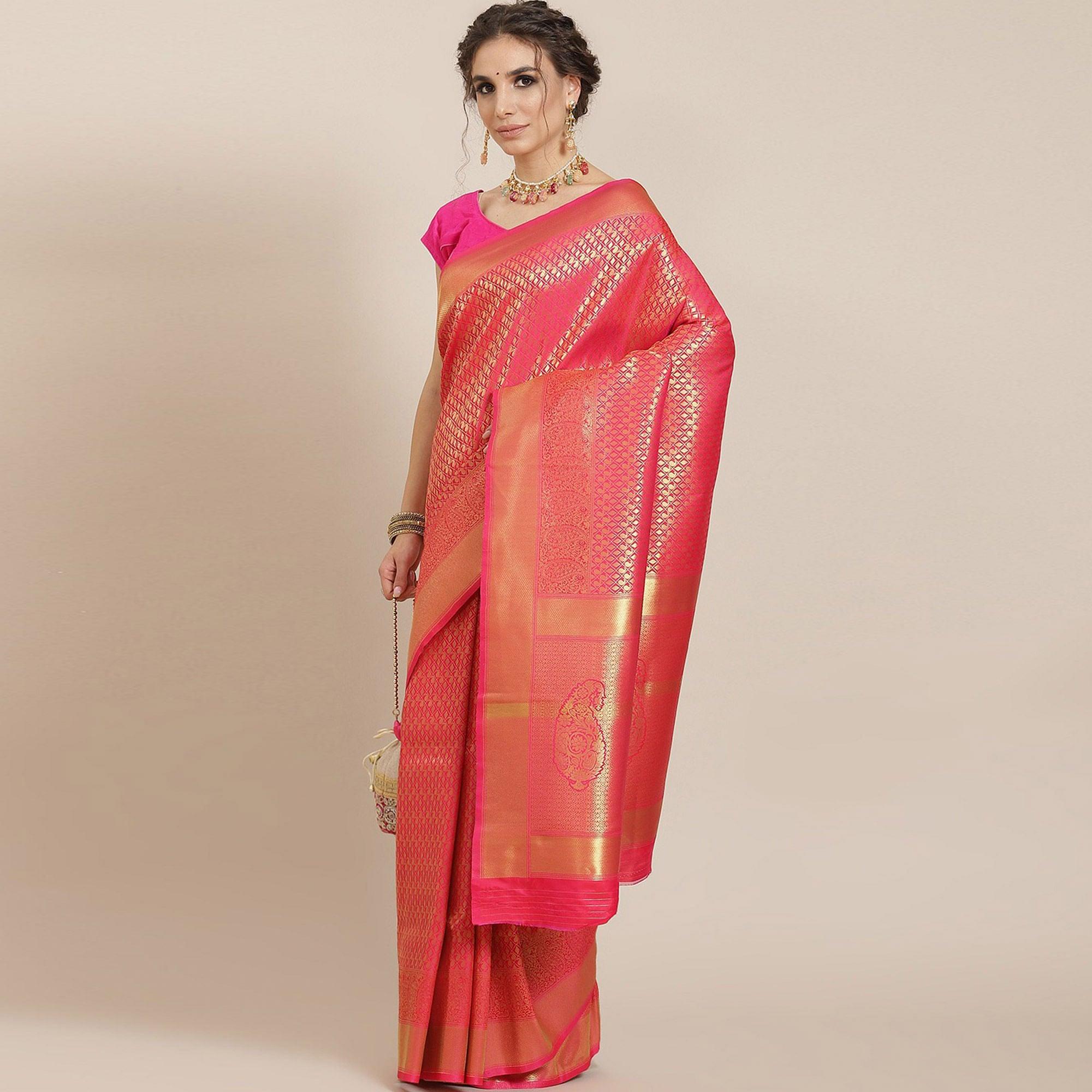 Women's Red Festive Wear Woven Kanjivaram Silk Saree With Unstitched Blouse - Peachmode