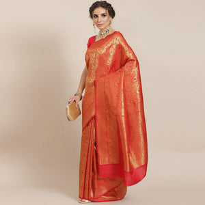 Women's Red Festive Wear Woven Kanjivaram Silk Saree With Unstitched Blouse - Peachmode