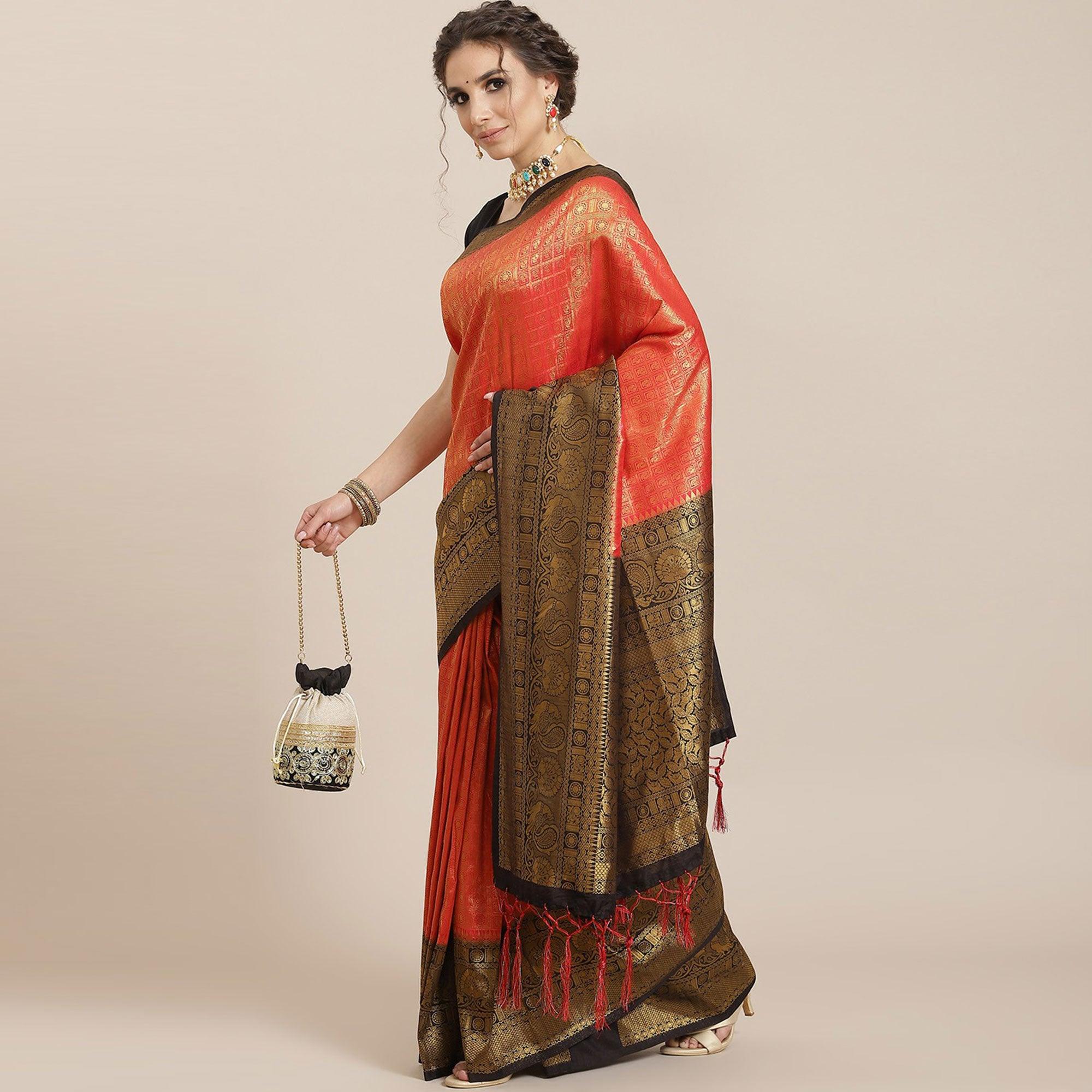 Women's Red Festive Wear Woven Kanjivaram Silk Saree With Unstitched Blouse - Peachmode