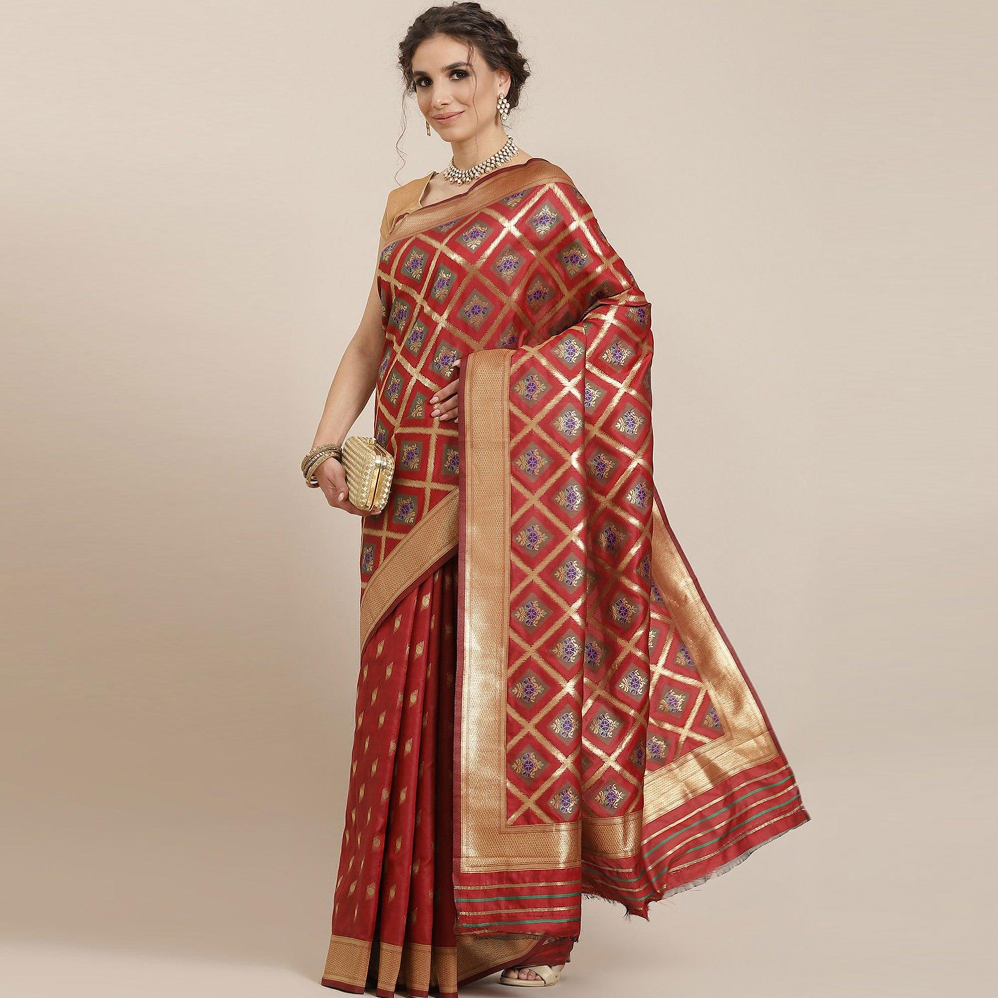 Women's Red Festive Wear Woven Kanjivaram Silk Saree With Unstitched Blouse - Peachmode