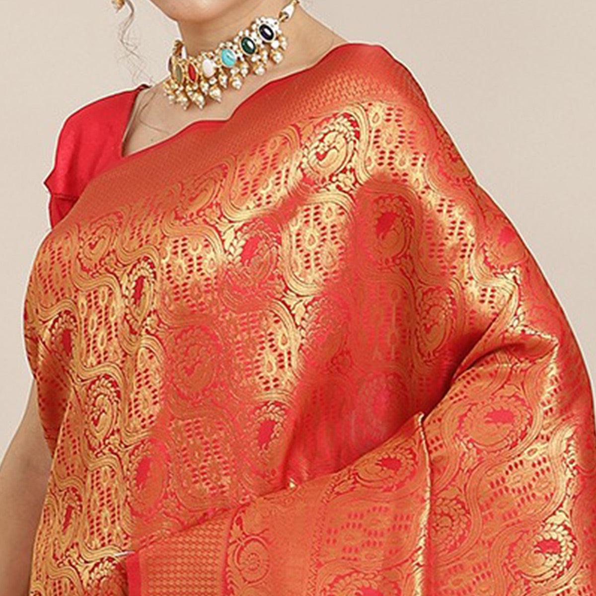 Women's Red Festive Wear Woven Kanjivaram Silk Saree With Unstitched Blouse - Peachmode