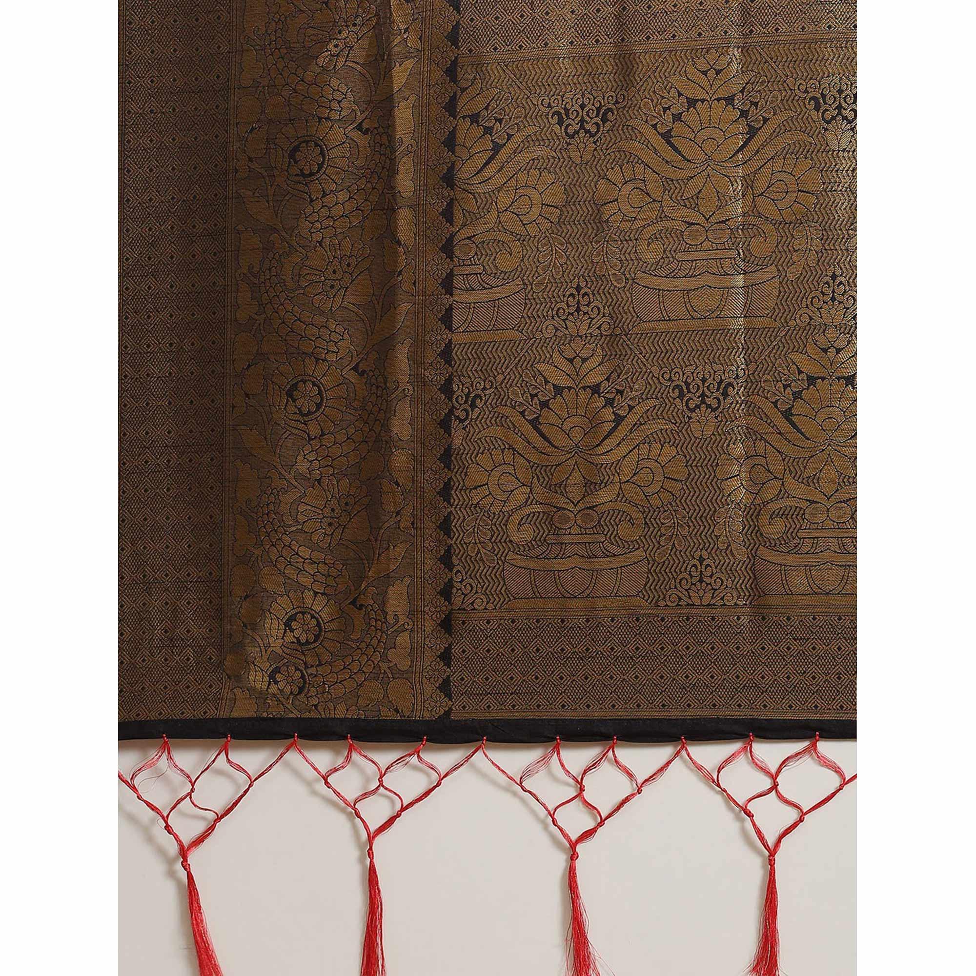 Women's Red Festive Wear Woven Kanjivaram Silk Saree With Unstitched Blouse - Peachmode