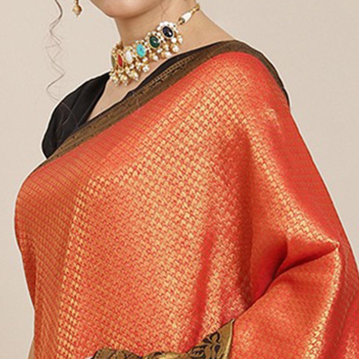 Women's Red Festive Wear Woven Kanjivaram Silk Saree With Unstitched Blouse - Peachmode
