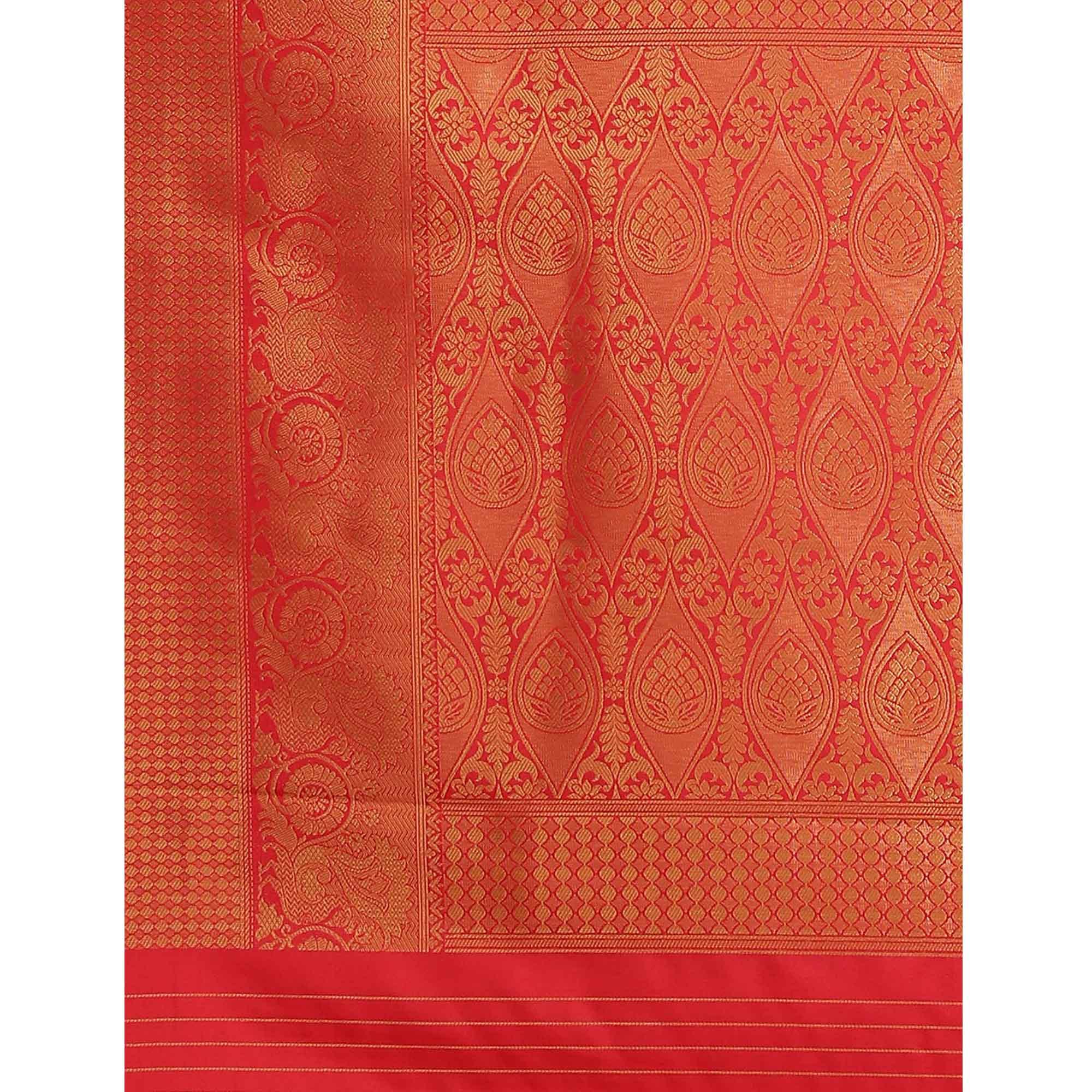 Women's Red Festive Wear Woven Kanjivaram Silk Saree With Unstitched Blouse - Peachmode