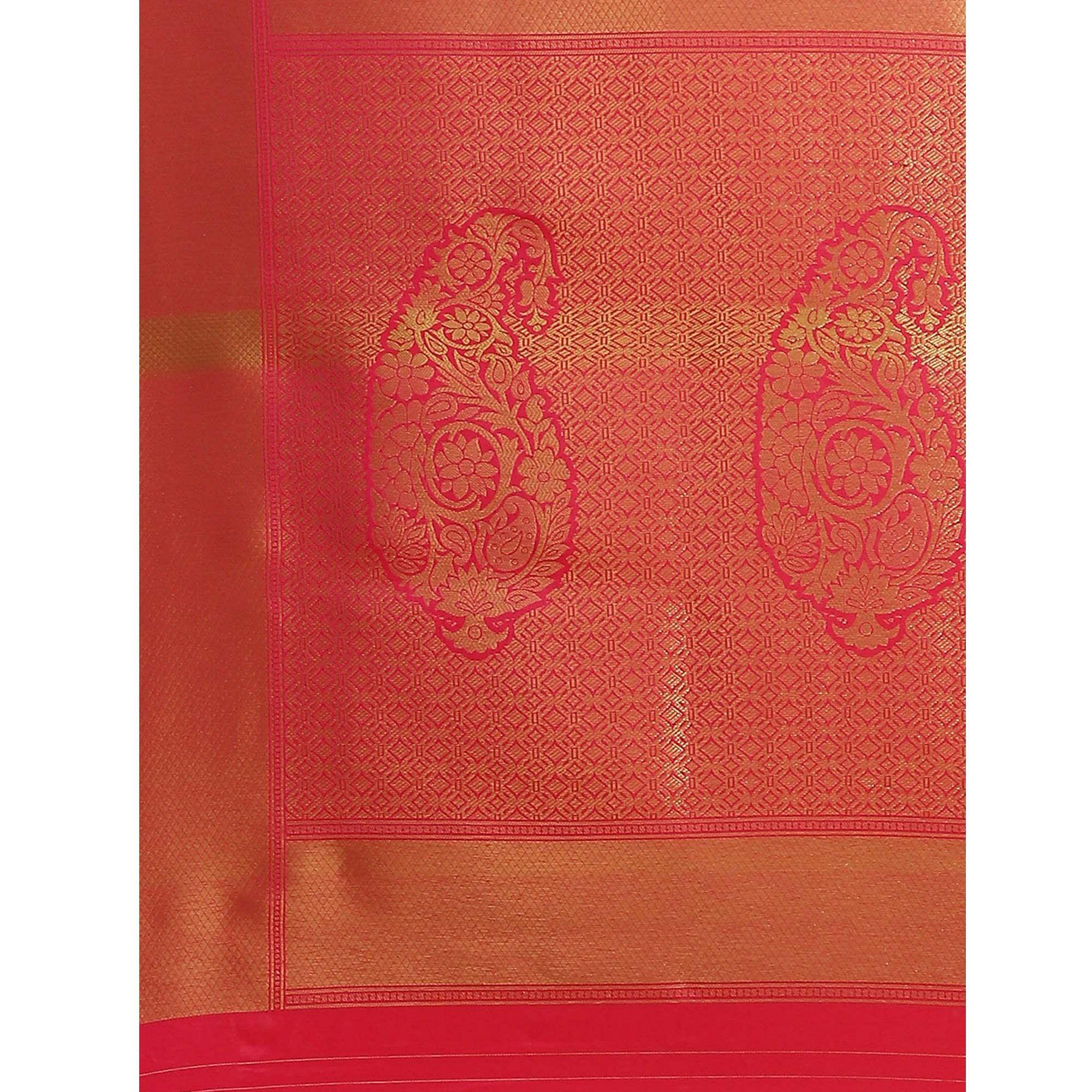 Women's Red Festive Wear Woven Kanjivaram Silk Saree With Unstitched Blouse - Peachmode