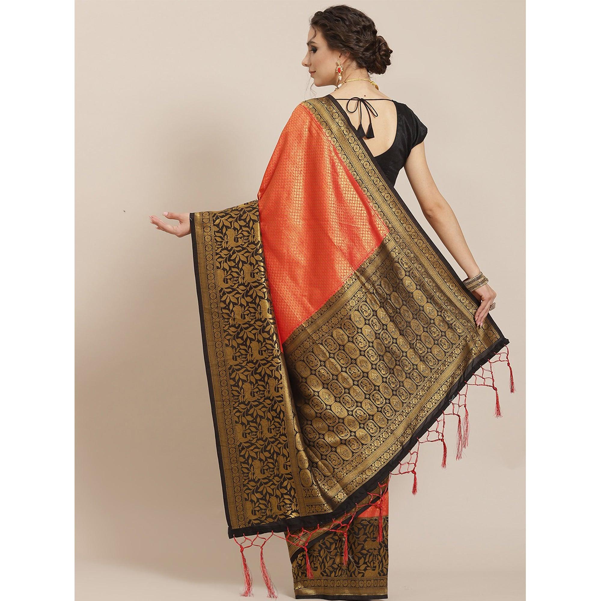 Women's Red Festive Wear Woven Kanjivaram Silk Saree With Unstitched Blouse - Peachmode