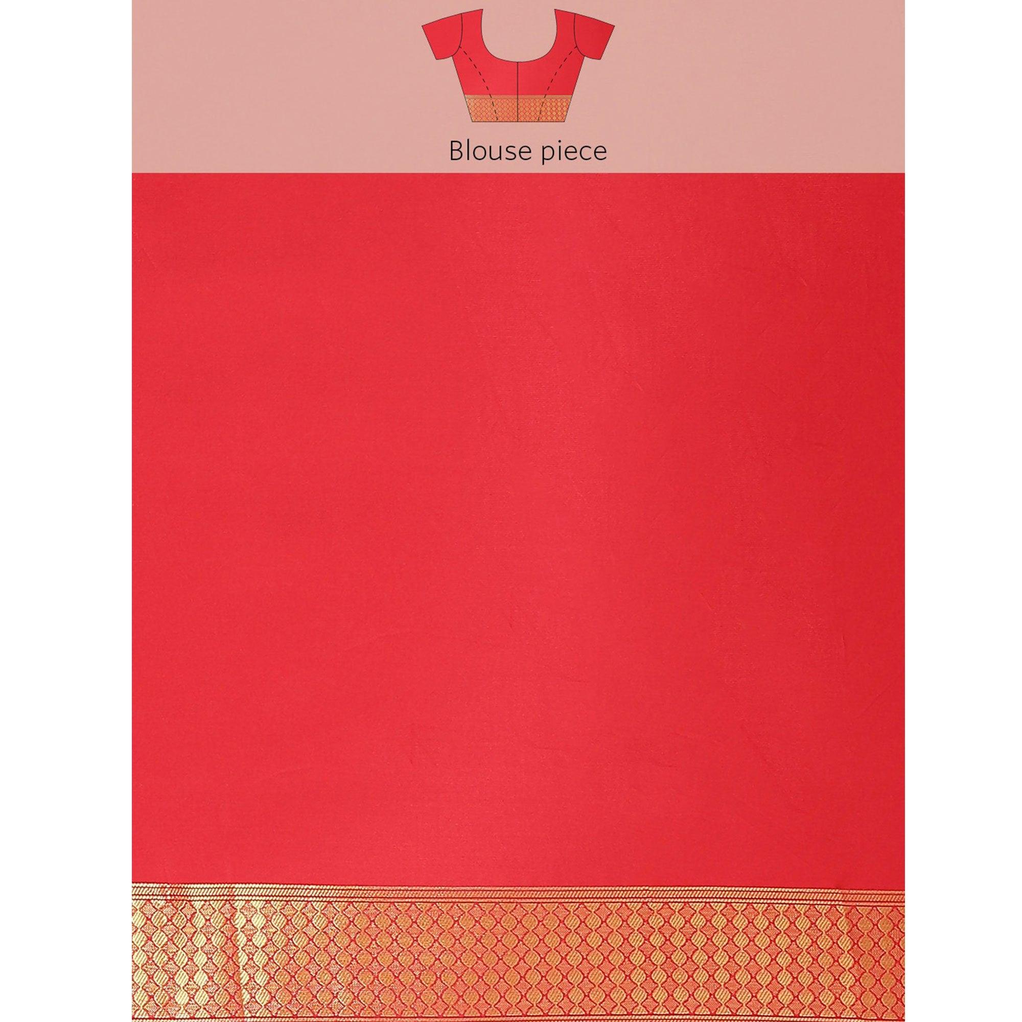 Women's Red Festive Wear Woven Kanjivaram Silk Saree With Unstitched Blouse - Peachmode