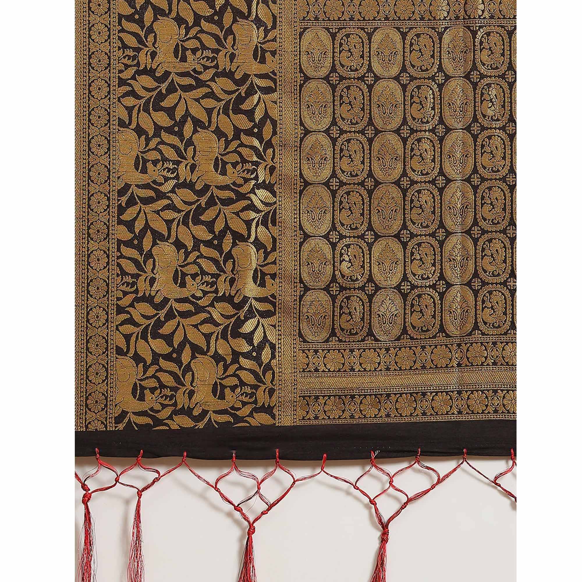 Women's Red Festive Wear Woven Kanjivaram Silk Saree With Unstitched Blouse - Peachmode