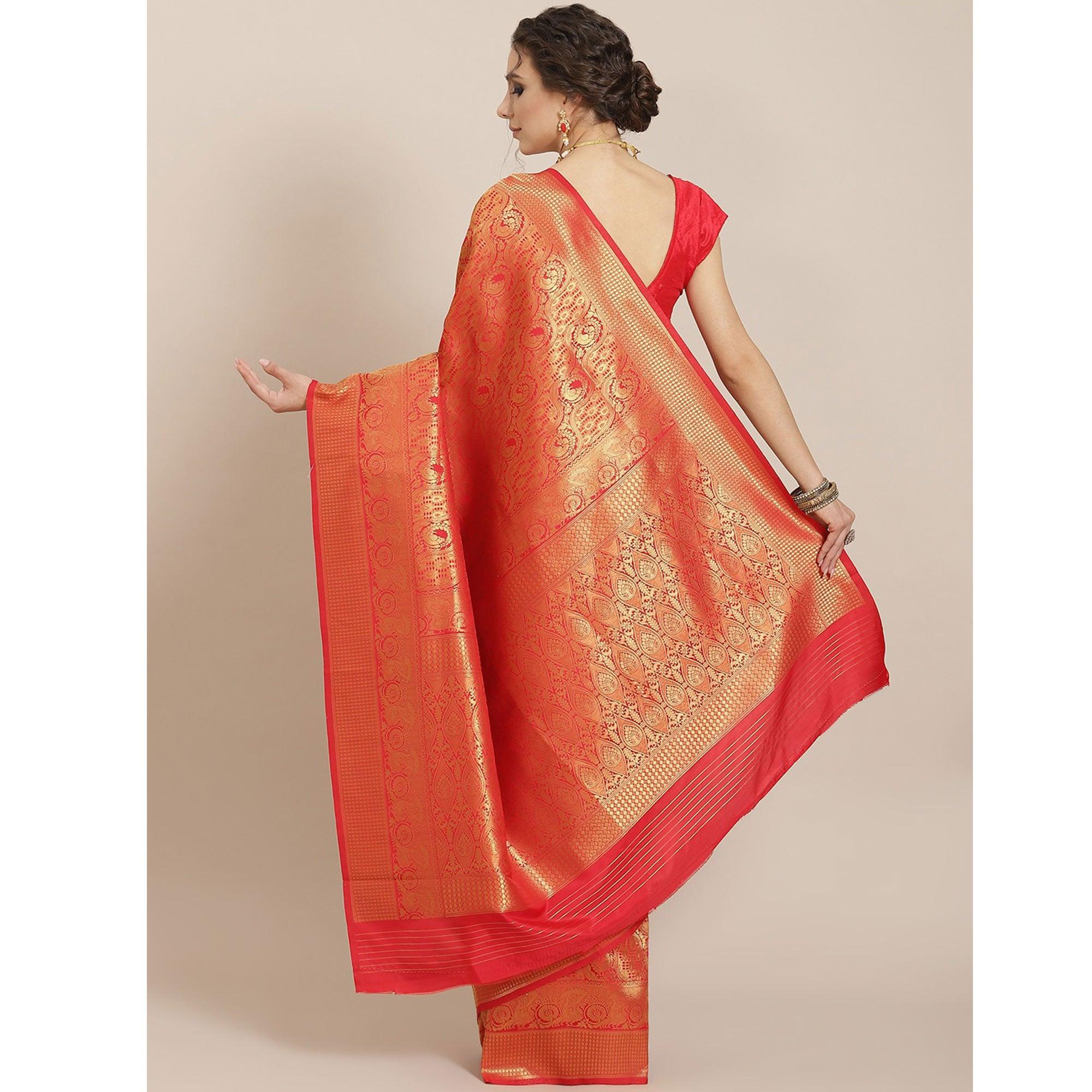 Women's Red Festive Wear Woven Kanjivaram Silk Saree With Unstitched Blouse - Peachmode