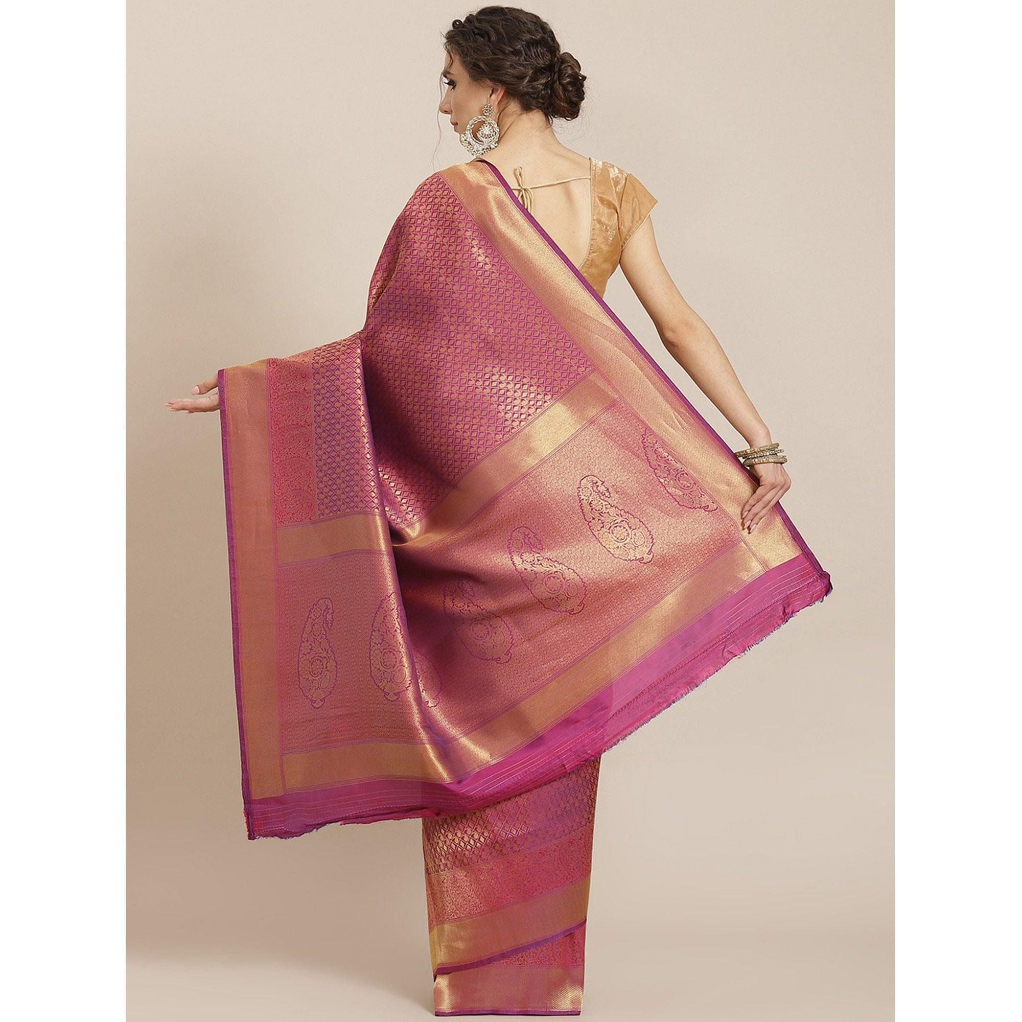Women's Violet Festive Wear Woven Kanjivaram Silk Saree With Unstitched Blouse - Peachmode