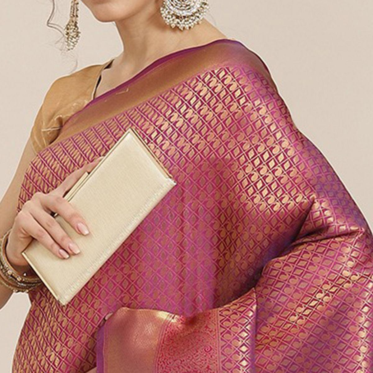 Women's Violet Festive Wear Woven Kanjivaram Silk Saree With Unstitched Blouse - Peachmode