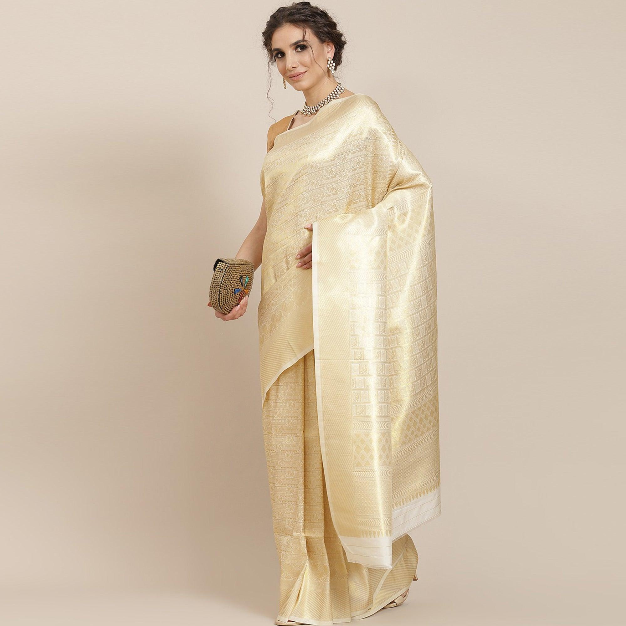 Women's White Festive Wear Woven Kanjivaram Silk Saree With Unstitched Blouse - Peachmode