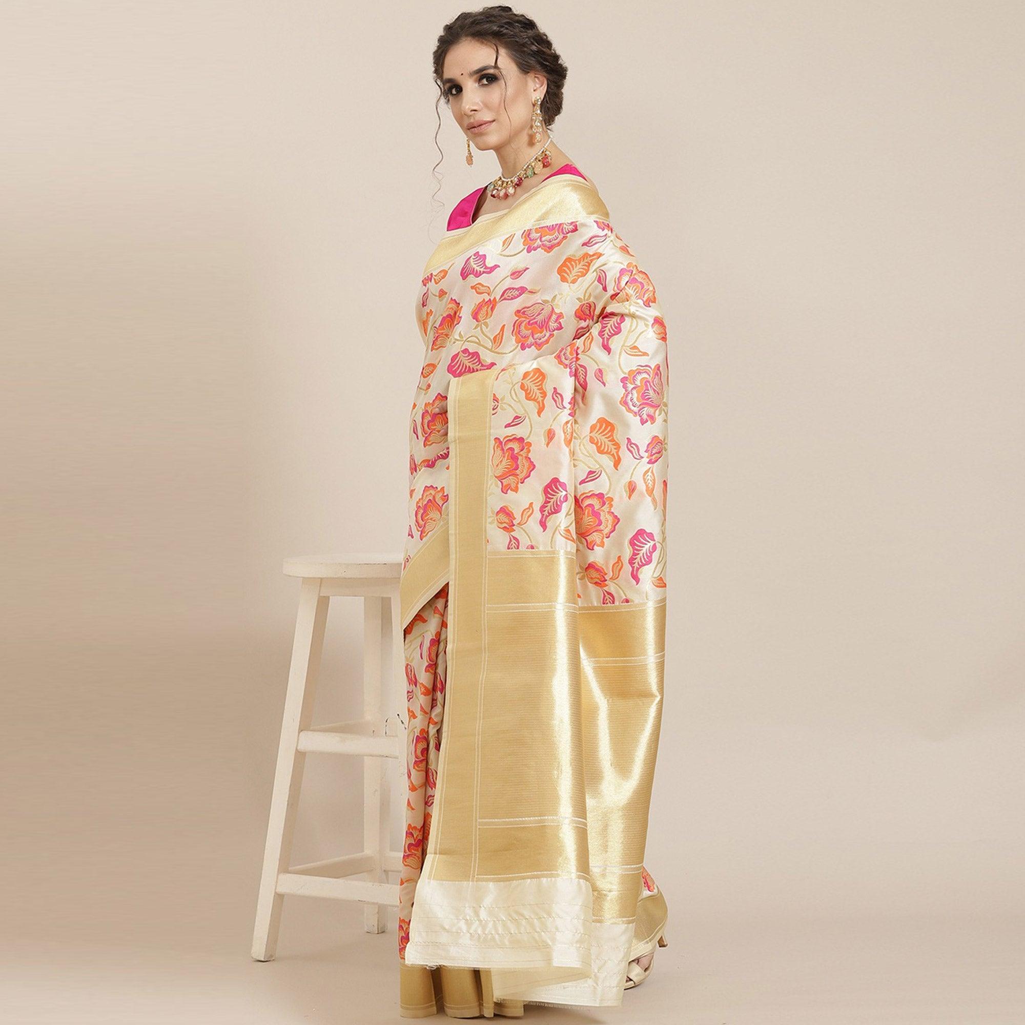 Women's White Festive Wear Woven Kanjivaram Silk Saree With Unstitched Blouse - Peachmode