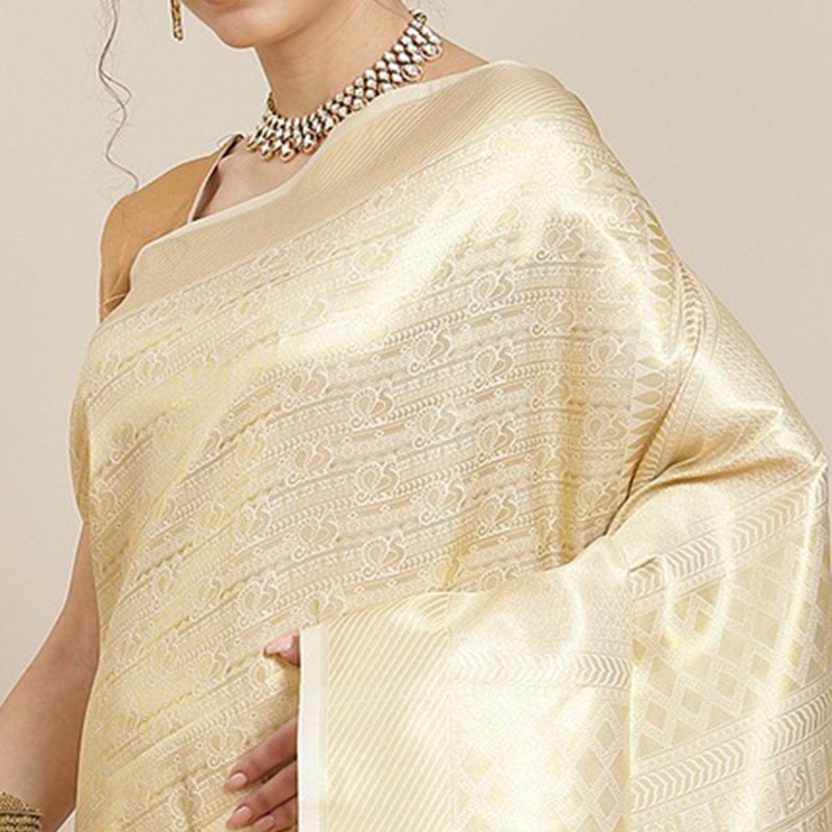 Women's White Festive Wear Woven Kanjivaram Silk Saree With Unstitched Blouse - Peachmode