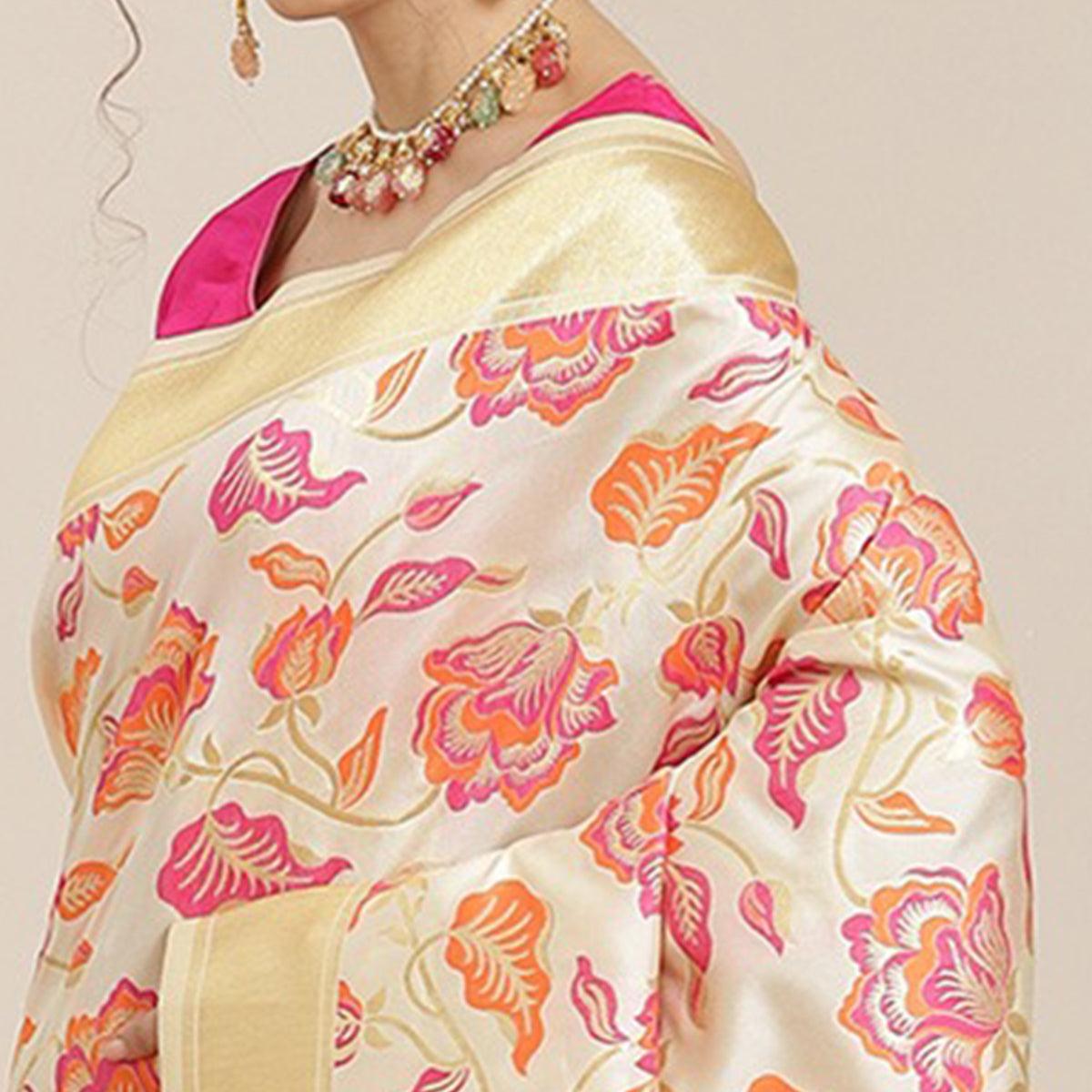 Women's White Festive Wear Woven Kanjivaram Silk Saree With Unstitched Blouse - Peachmode