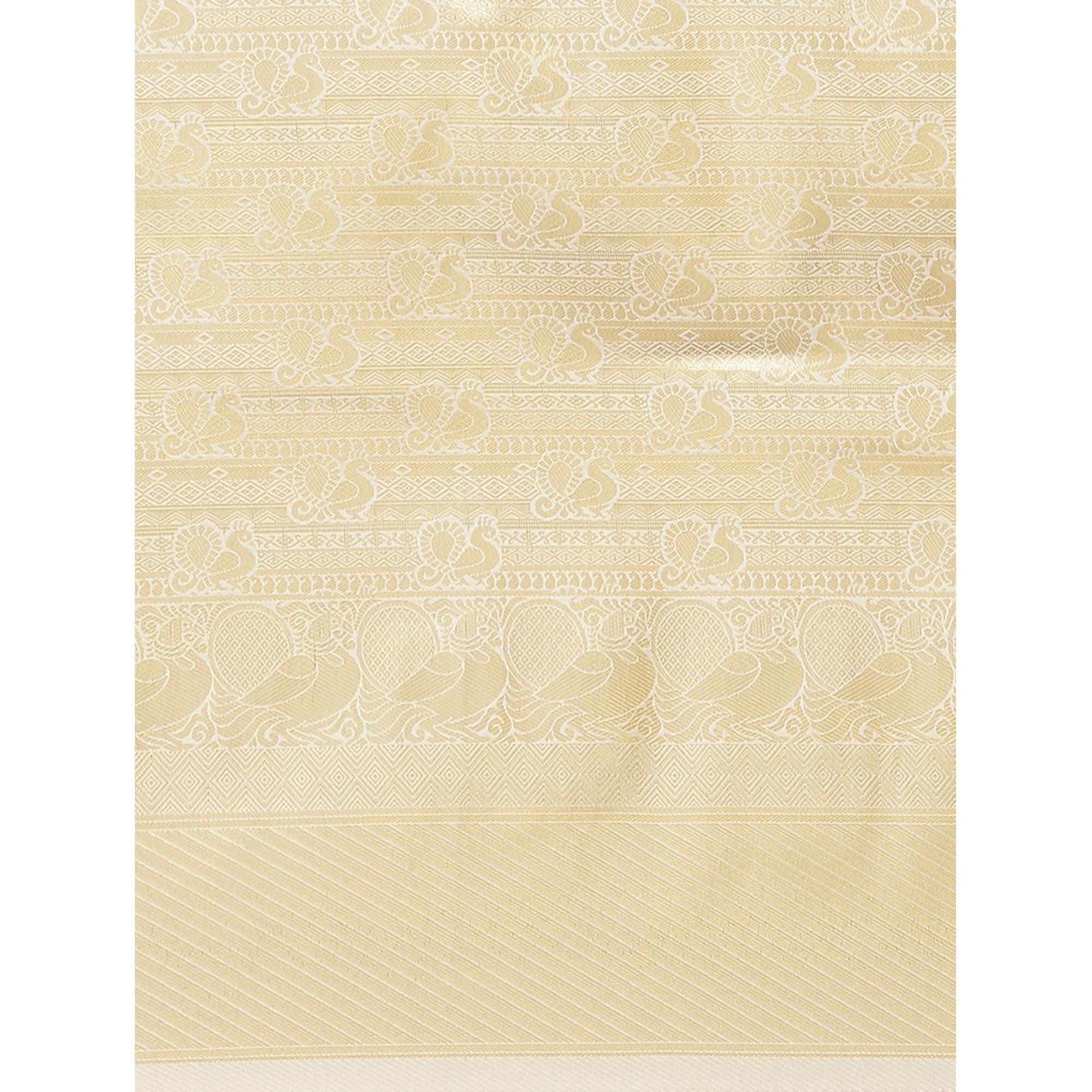 Women's White Festive Wear Woven Kanjivaram Silk Saree With Unstitched Blouse - Peachmode