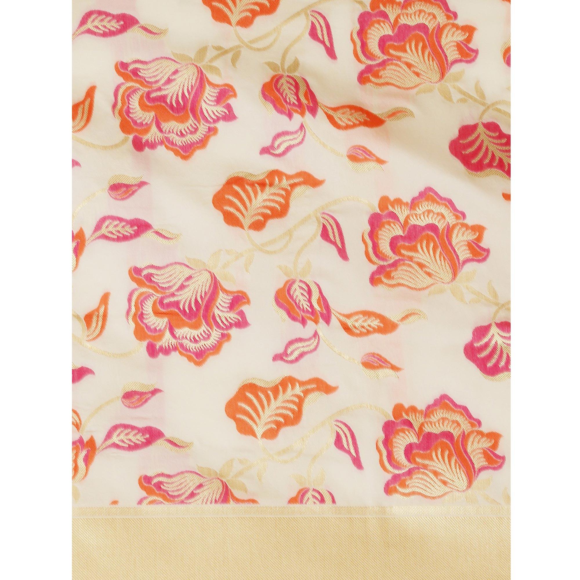 Women's White Festive Wear Woven Kanjivaram Silk Saree With Unstitched Blouse - Peachmode