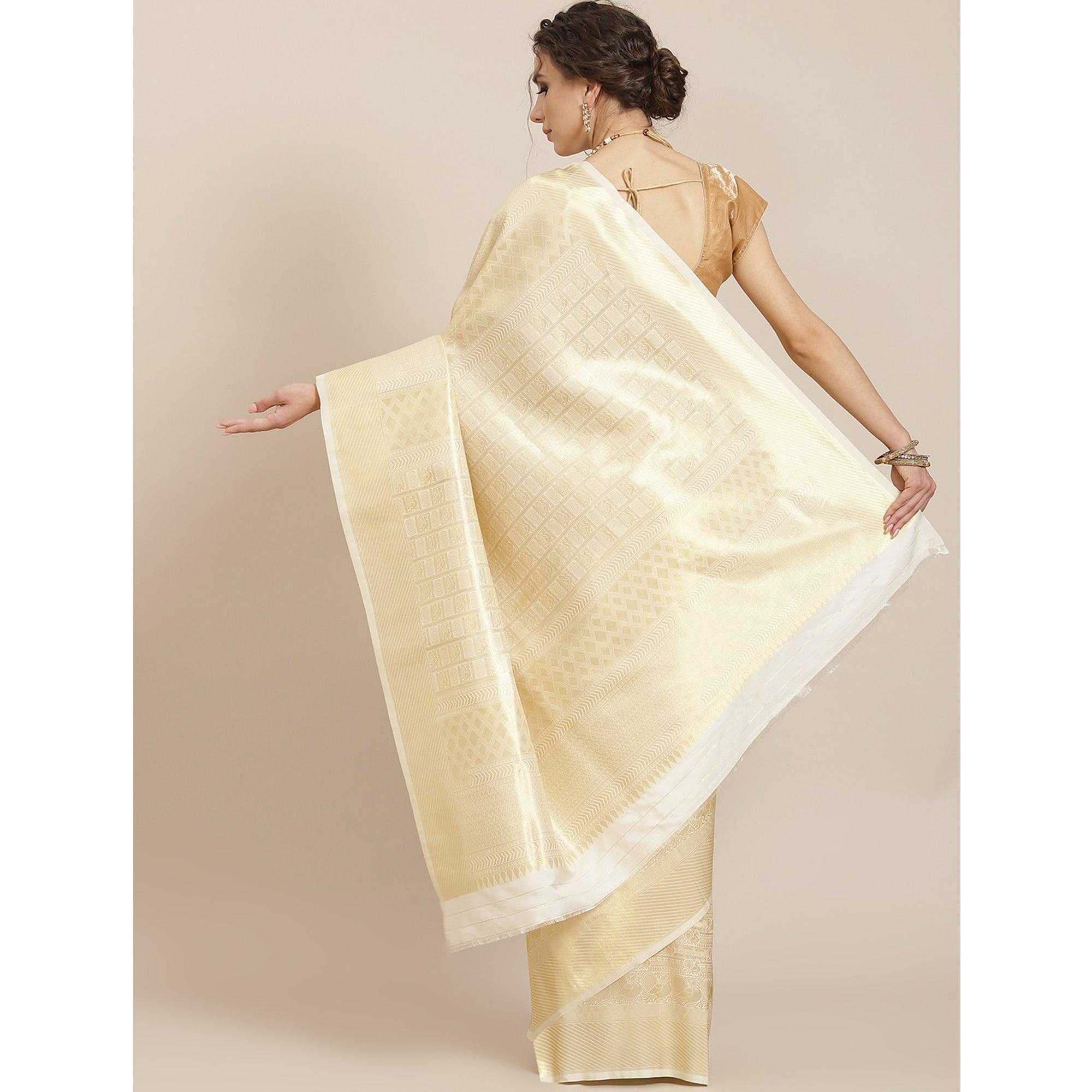 Women's White Festive Wear Woven Kanjivaram Silk Saree With Unstitched Blouse - Peachmode