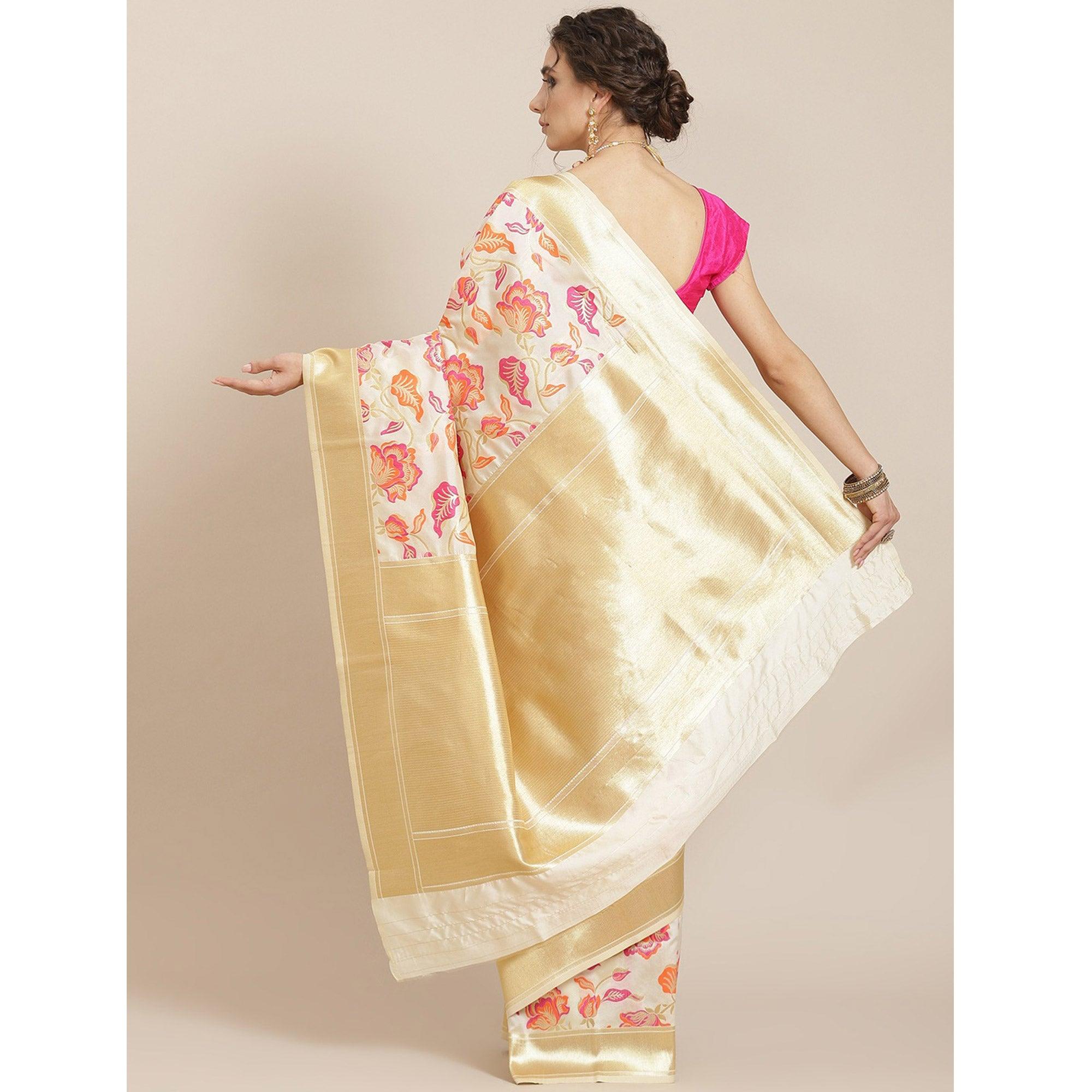 Women's White Festive Wear Woven Kanjivaram Silk Saree With Unstitched Blouse - Peachmode