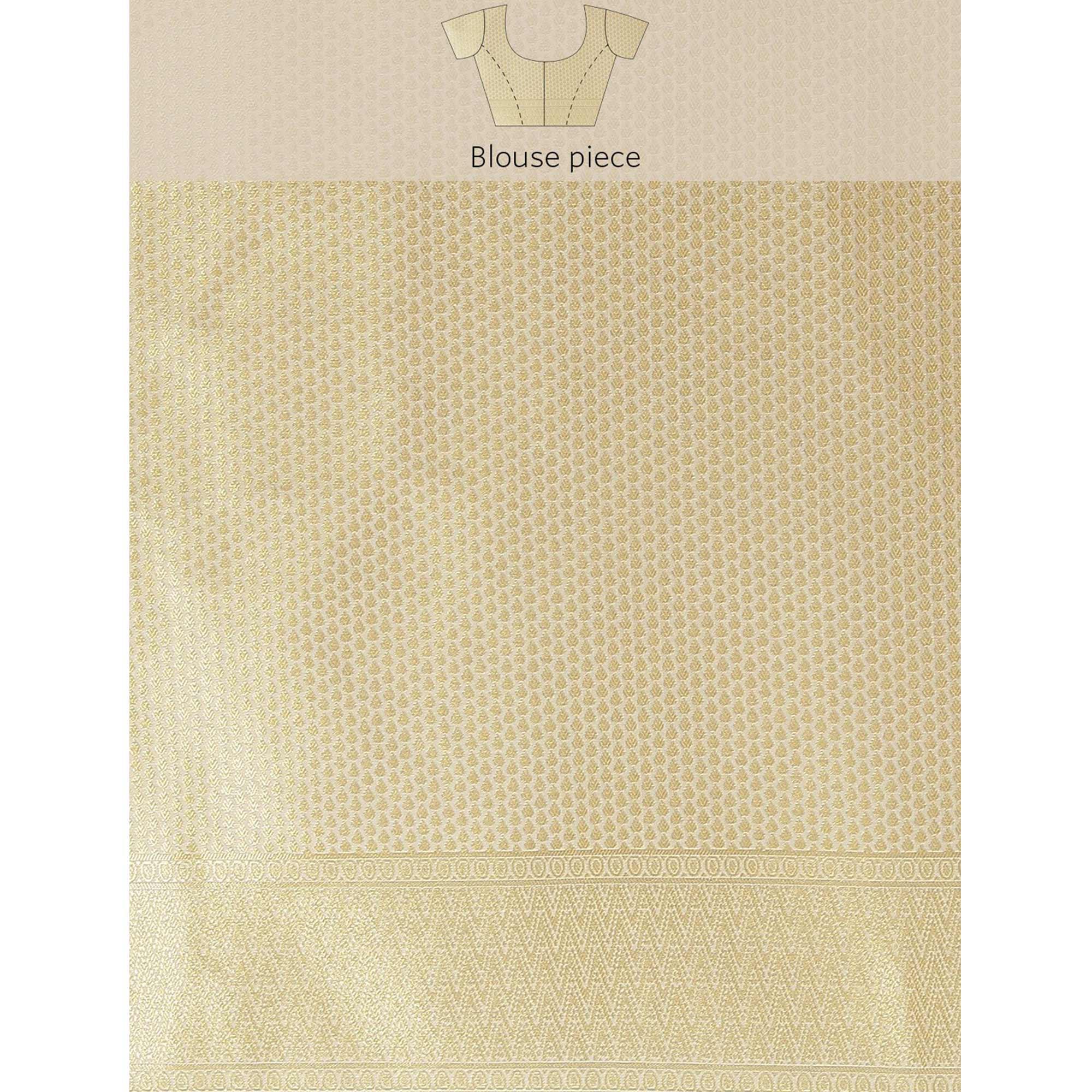 Women's White Festive Wear Woven Kanjivaram Silk Saree With Unstitched Blouse - Peachmode