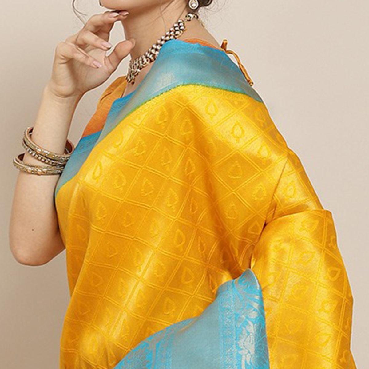 Women's Yellow Festive Wear Woven Kanjivaram Silk Saree With Unstitched Blouse - Peachmode
