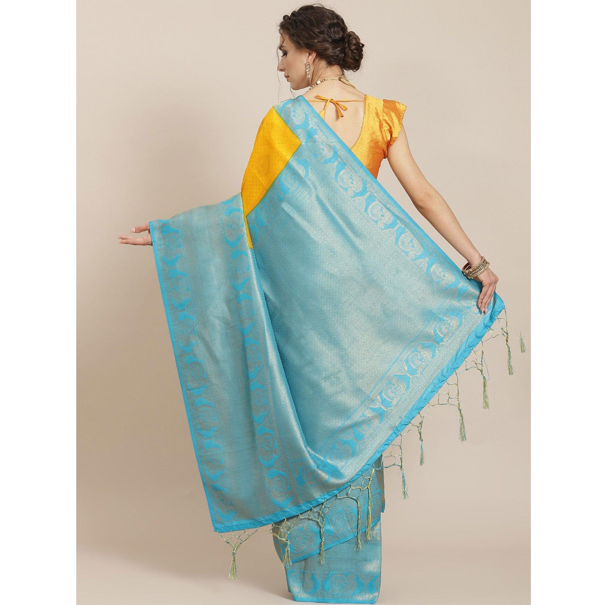 Women's Yellow Festive Wear Woven Kanjivaram Silk Saree With Unstitched Blouse - Peachmode