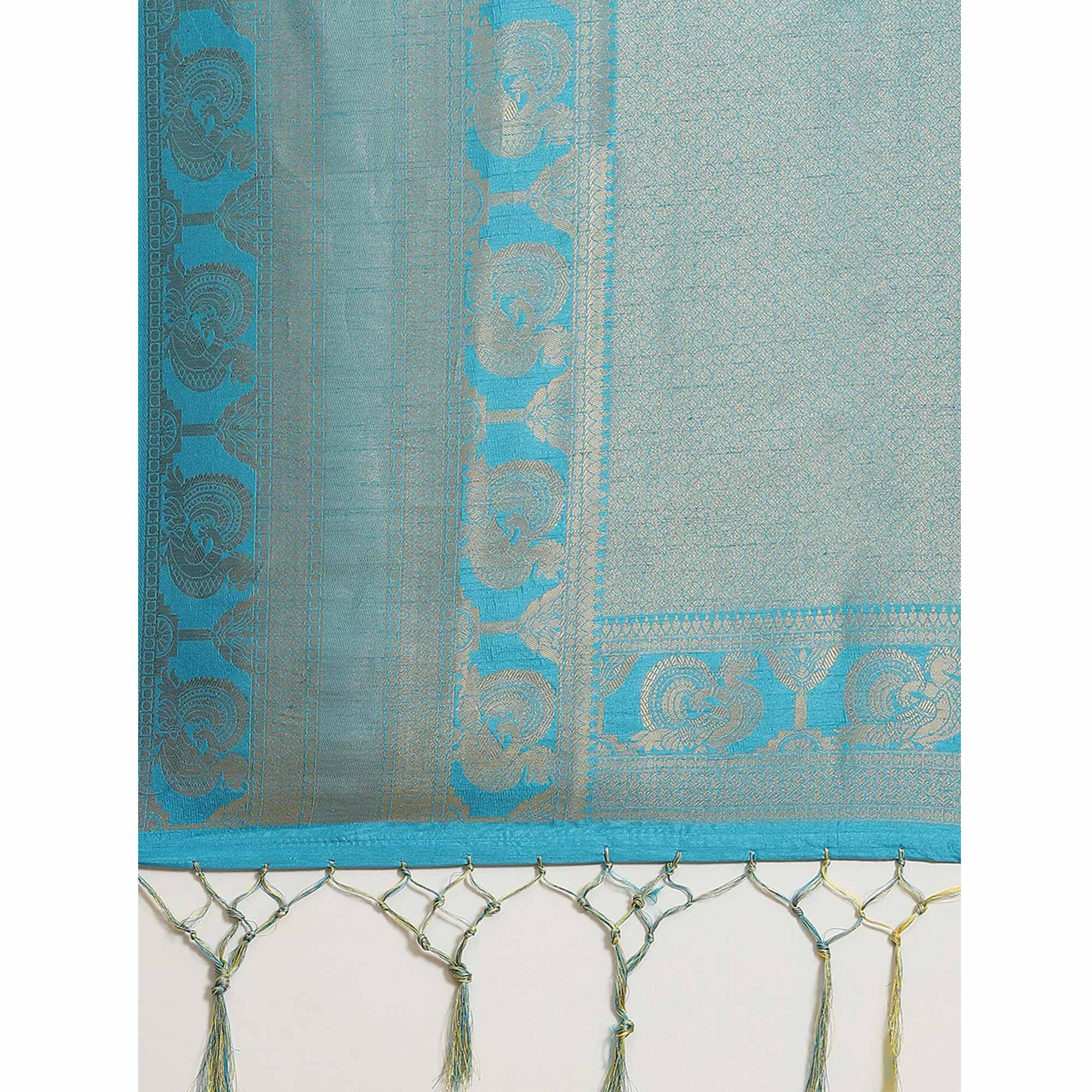 Women's Yellow Festive Wear Woven Kanjivaram Silk Saree With Unstitched Blouse - Peachmode