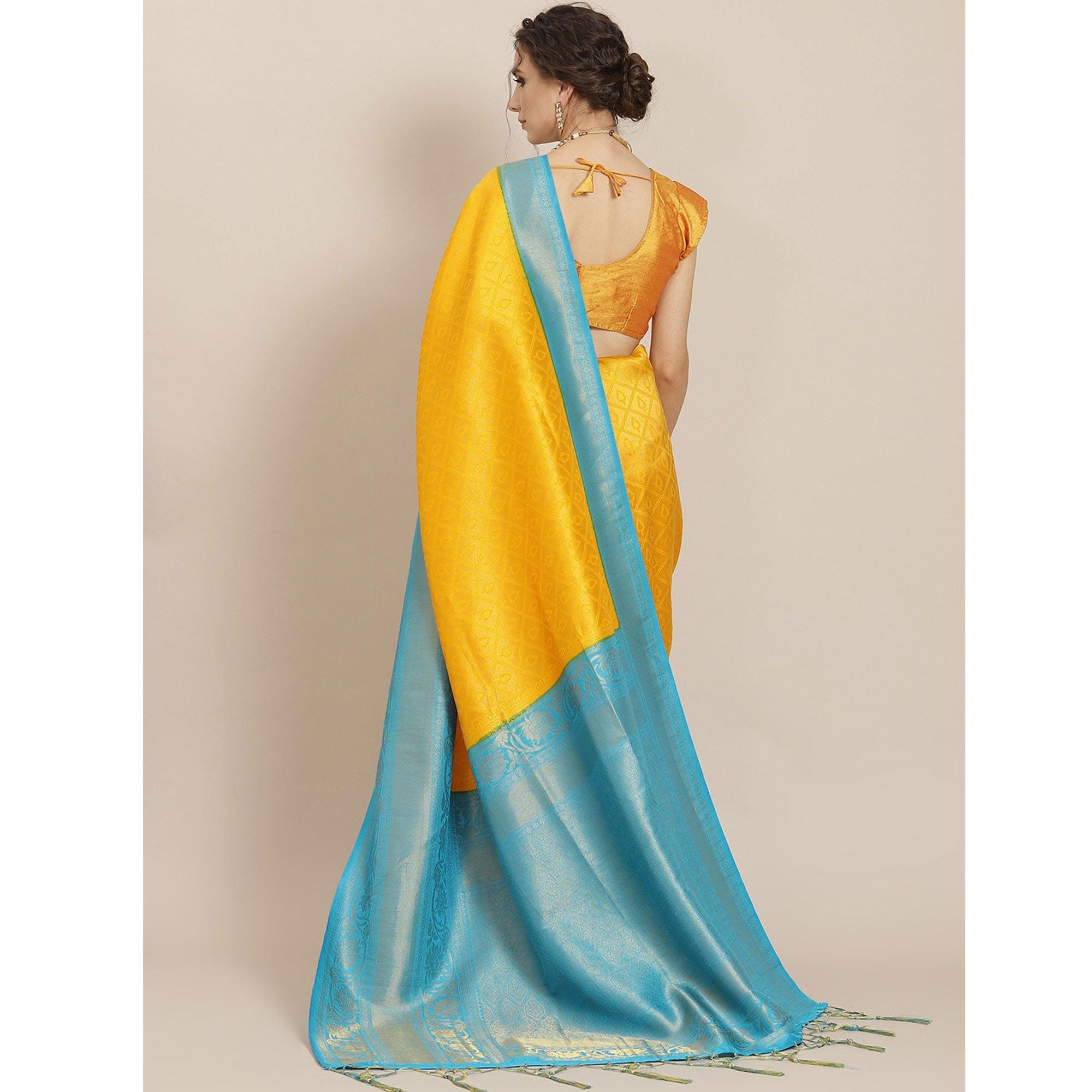 Women's Yellow Festive Wear Woven Kanjivaram Silk Saree With Unstitched Blouse - Peachmode