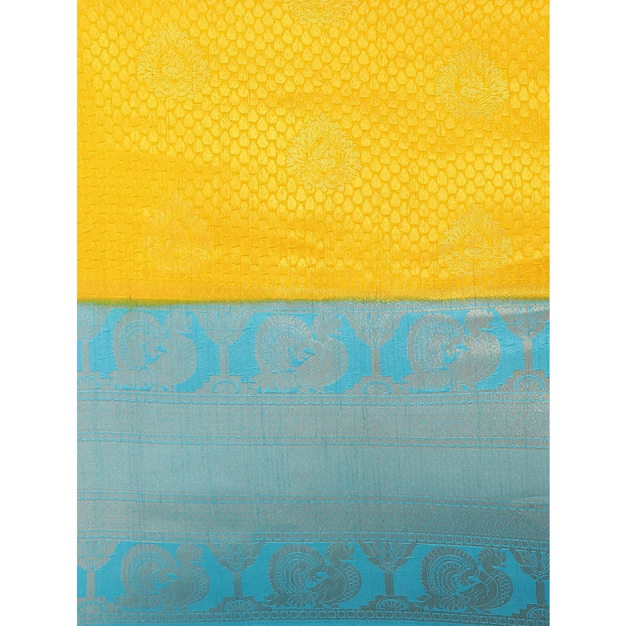 Women's Yellow Festive Wear Woven Kanjivaram Silk Saree With Unstitched Blouse - Peachmode