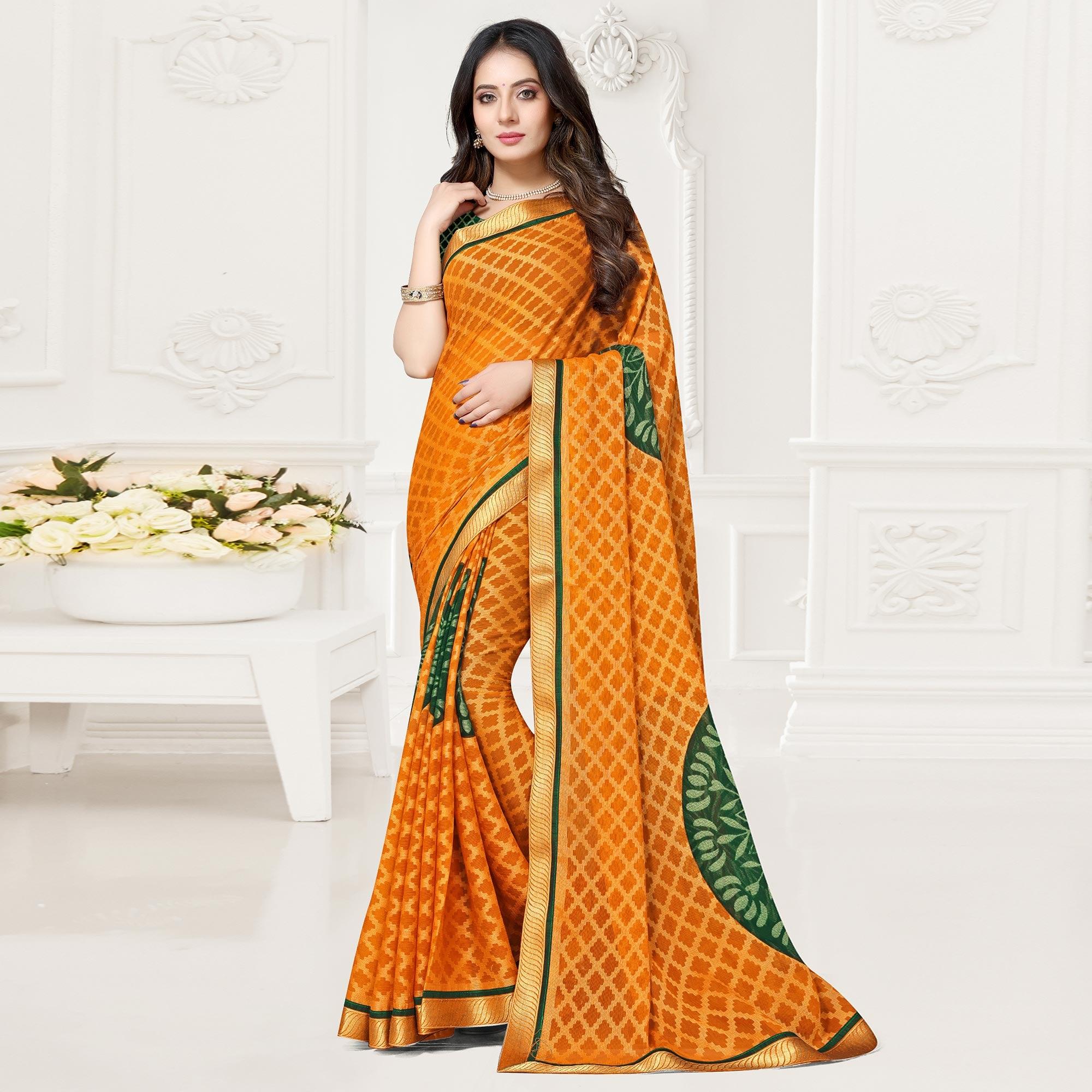 Yellow & Green Festive Wear Checks Printed Chiffon Brasso Saree - Peachmode